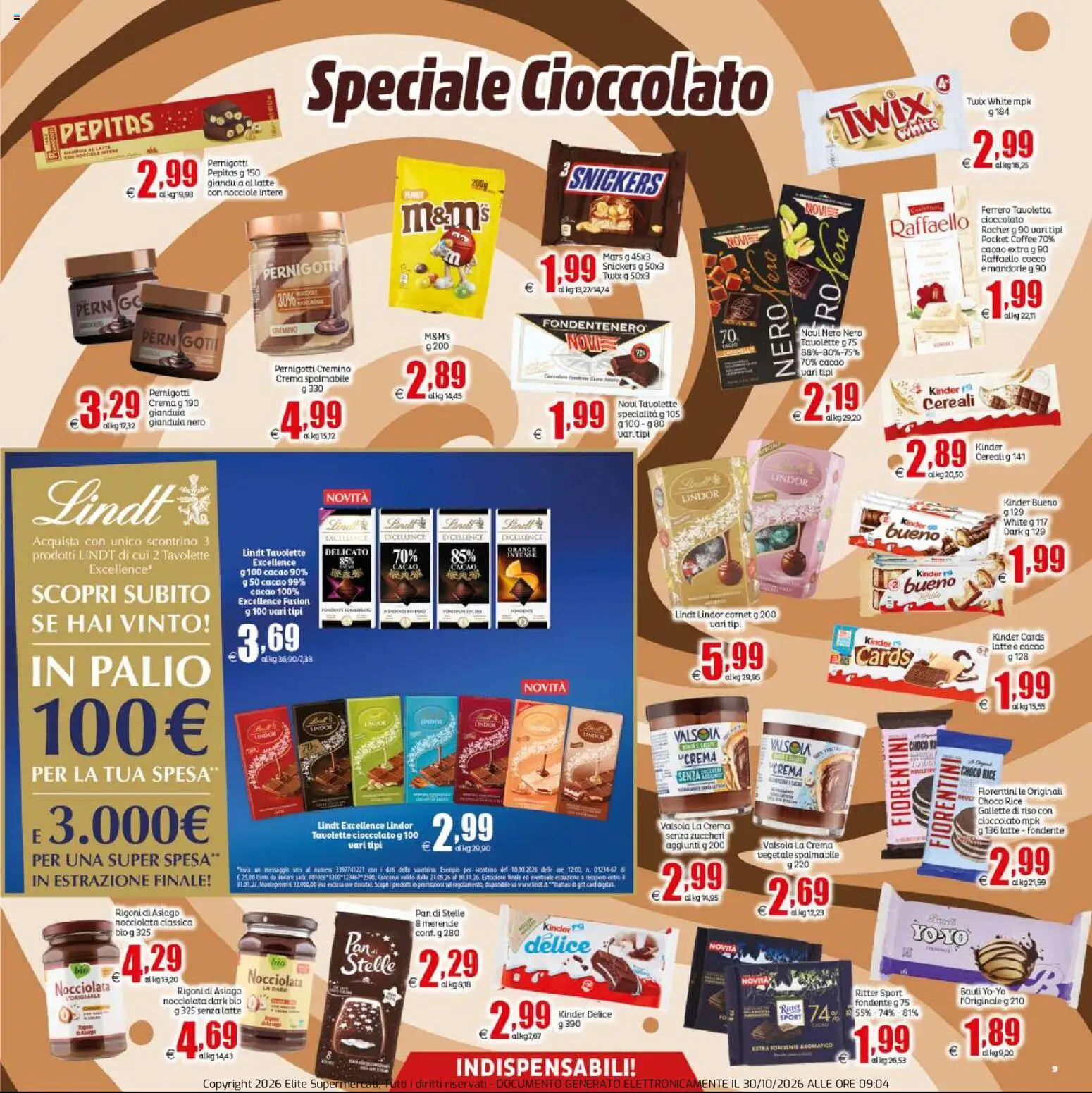 Anteprima dell'opuscolo Elite Supermercati volantino dal negozio Elite Supermercati valido da 30/10/2026 - Crema, Latte, Raffaello, Cocco, Snickers, Cacao, Specialità, Tavoletta