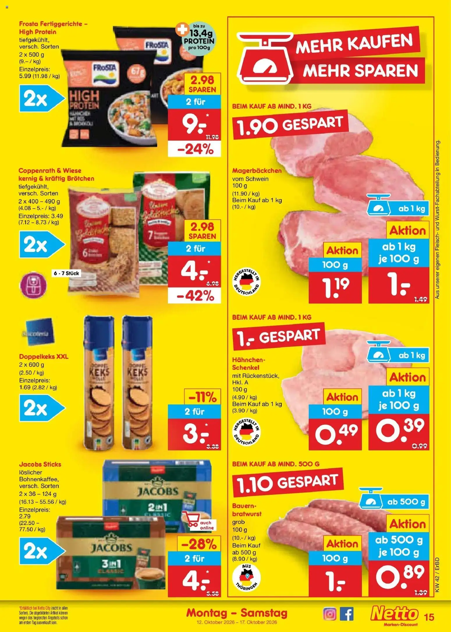 Vorschau von dem Prospekt des Geschäftes Netto Marken-Discount, gültig ab dem 12.10.2026 - Bratwurst, Fleisch, Frosta, Fertiggerichte, Hahnchen
