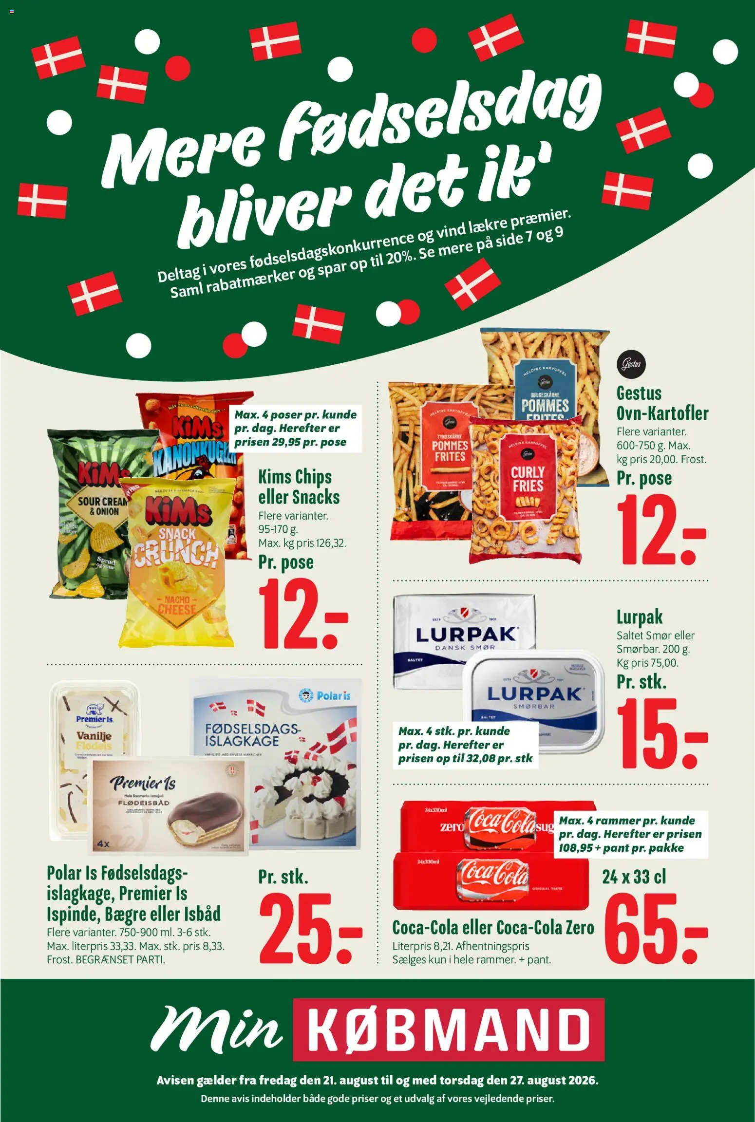 Eksempel på tilbudsavis Min Købmand - Tilbudsavis uge 35 fra butik Min Købmand gyldig fra 21/08/2026 - Is, Smør, Coca Cola, Chips, Snacks, Rammer, Vanilje, Flødeis