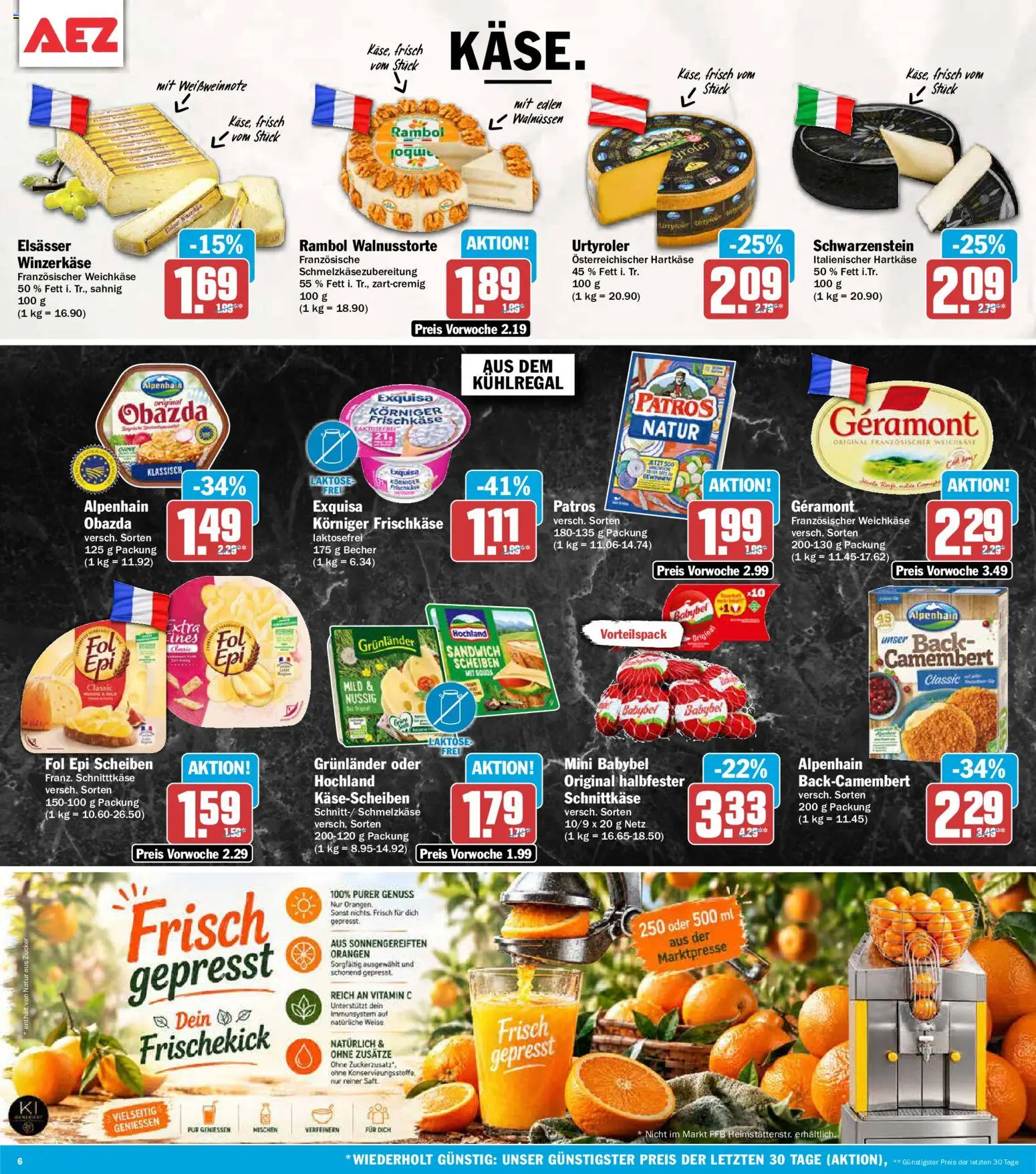Vorschau von dem Prospekt des Geschäftes AEZ, gültig ab dem 02.11.2026 - Camembert, Zucker, Geramont, Orangen, Exquisa, Patros, Frischkase, Grunlander