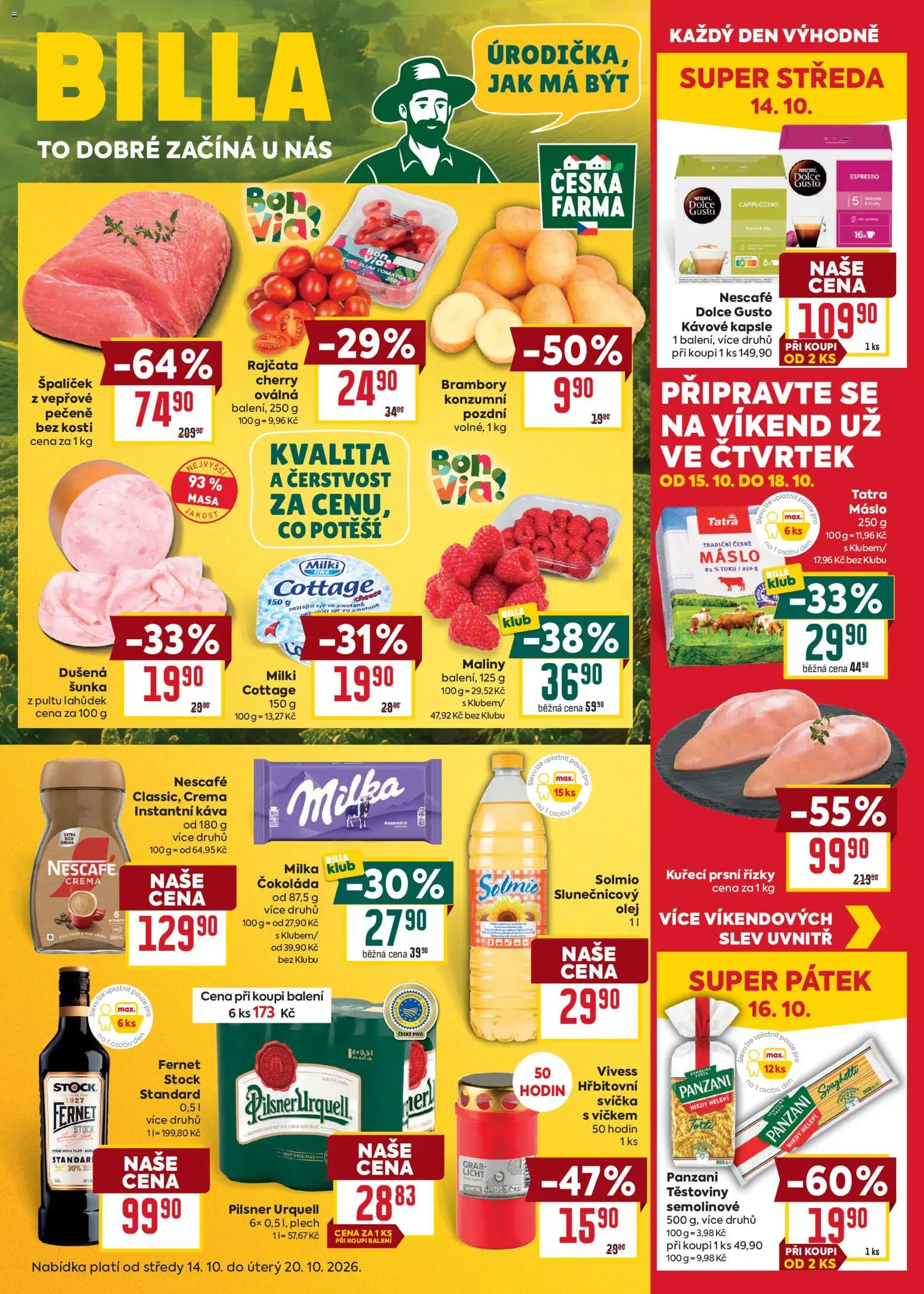 Náhled nabídky: Billa Billa Malý leták platný od 14.10.2026 - Dolce Gusto, Čokoláda, Těstoviny, Milka, Cappuccino, Šunka, Fernet, Kuřecí prsní řízky