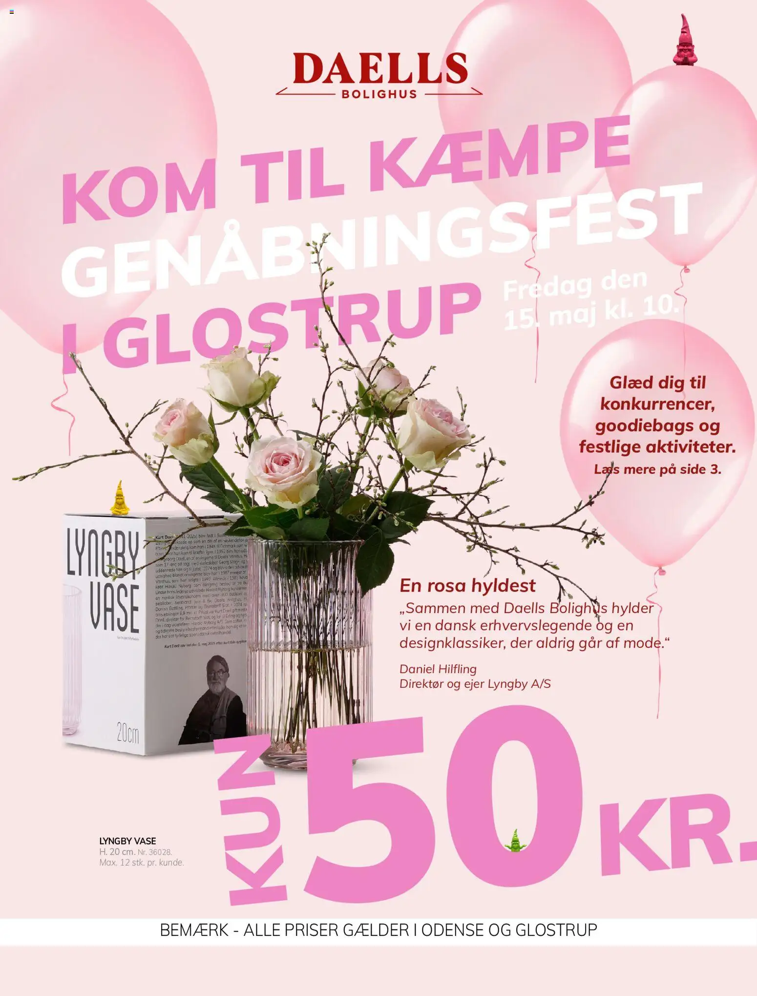 Eksempel på tilbudsavis Daells Bolighus - Kom til genåbningsfest fra butik Daells Bolighus gyldig fra 15/05/2026 - Vase, Ure, Søm