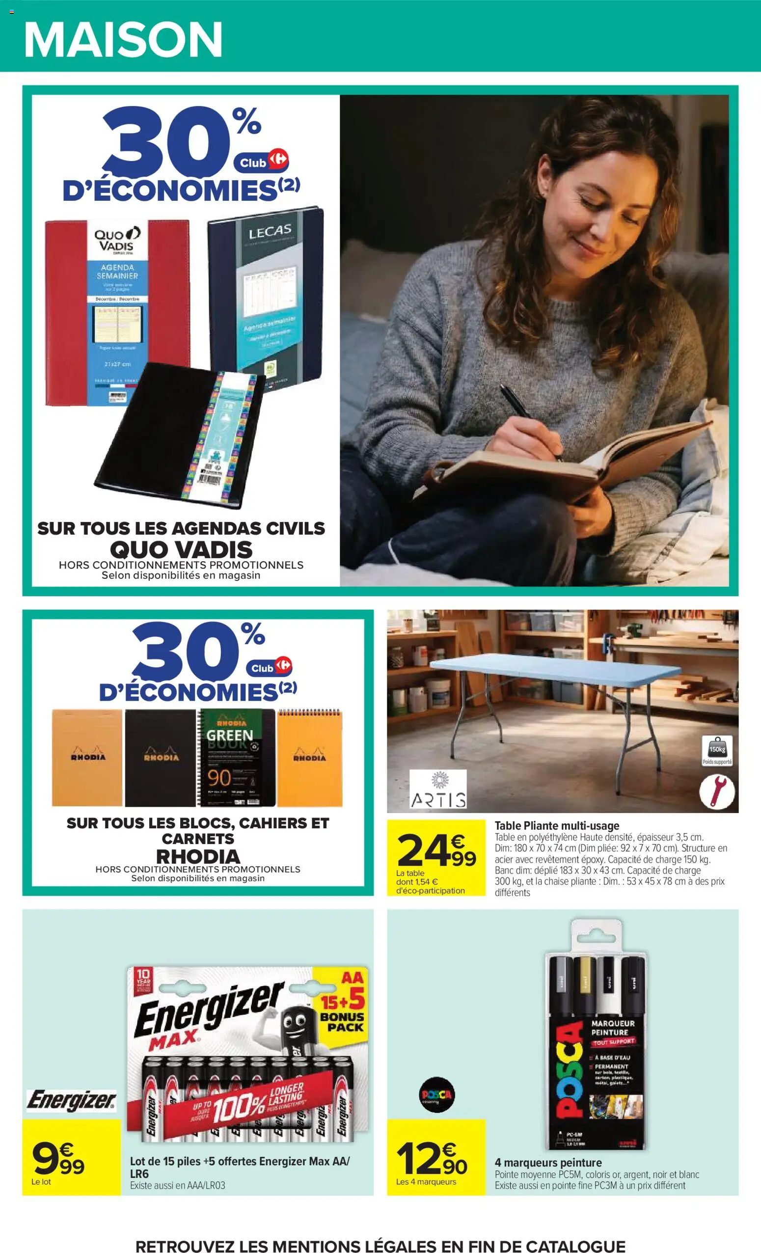 Prévisualisation de Carrefour Vos promos du quotidien du magasin Carrefour formulaire valide 27/10/2026 - Agenda, Peinture, Chaise pliante, Banc, Piles, Poids, Cahiers, La chaise pliante