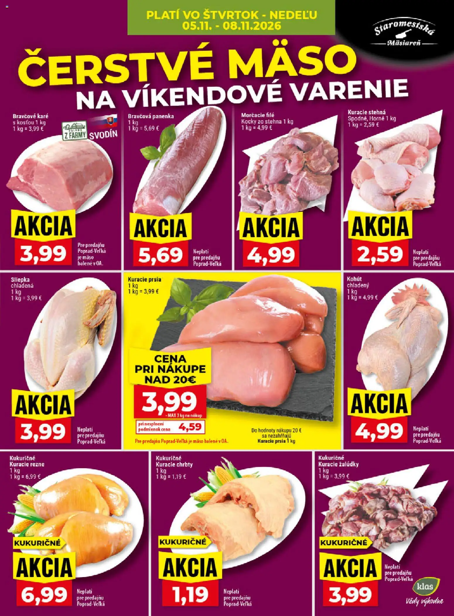 Náhľad Klas letáku platného od 02.11.2026 - Mäso, Bravčová panenka, Kuracie stehná, Bravčové karé, Kuracie rezne, Rezne, Filé, Stehná