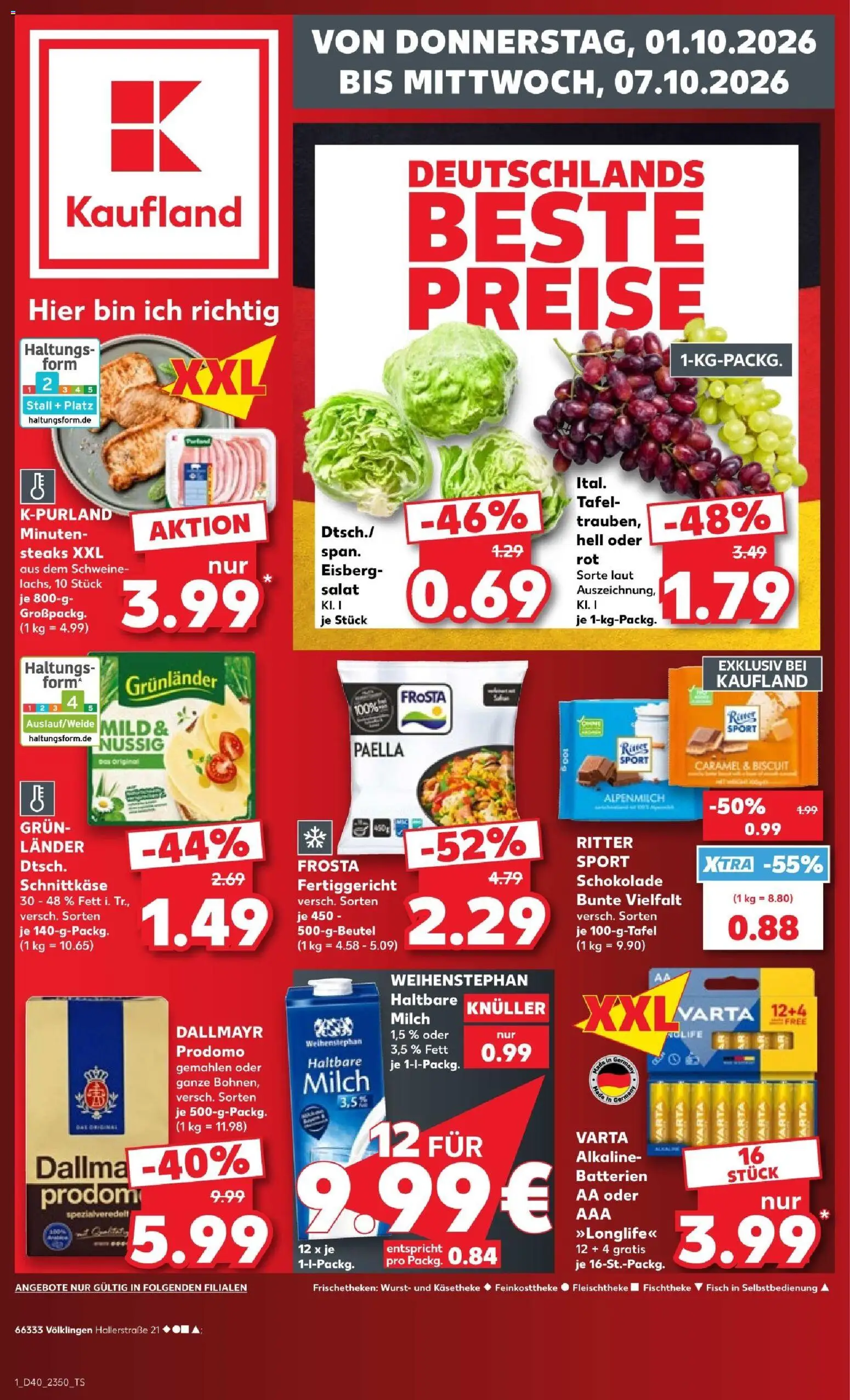 Vorschau von dem Prospekt des Geschäftes Kaufland, gültig ab dem 01.10.2026 - Schokolade, Fisch, Wurst, Batterien, Salat, Milch, Frosta, Haltbare milch