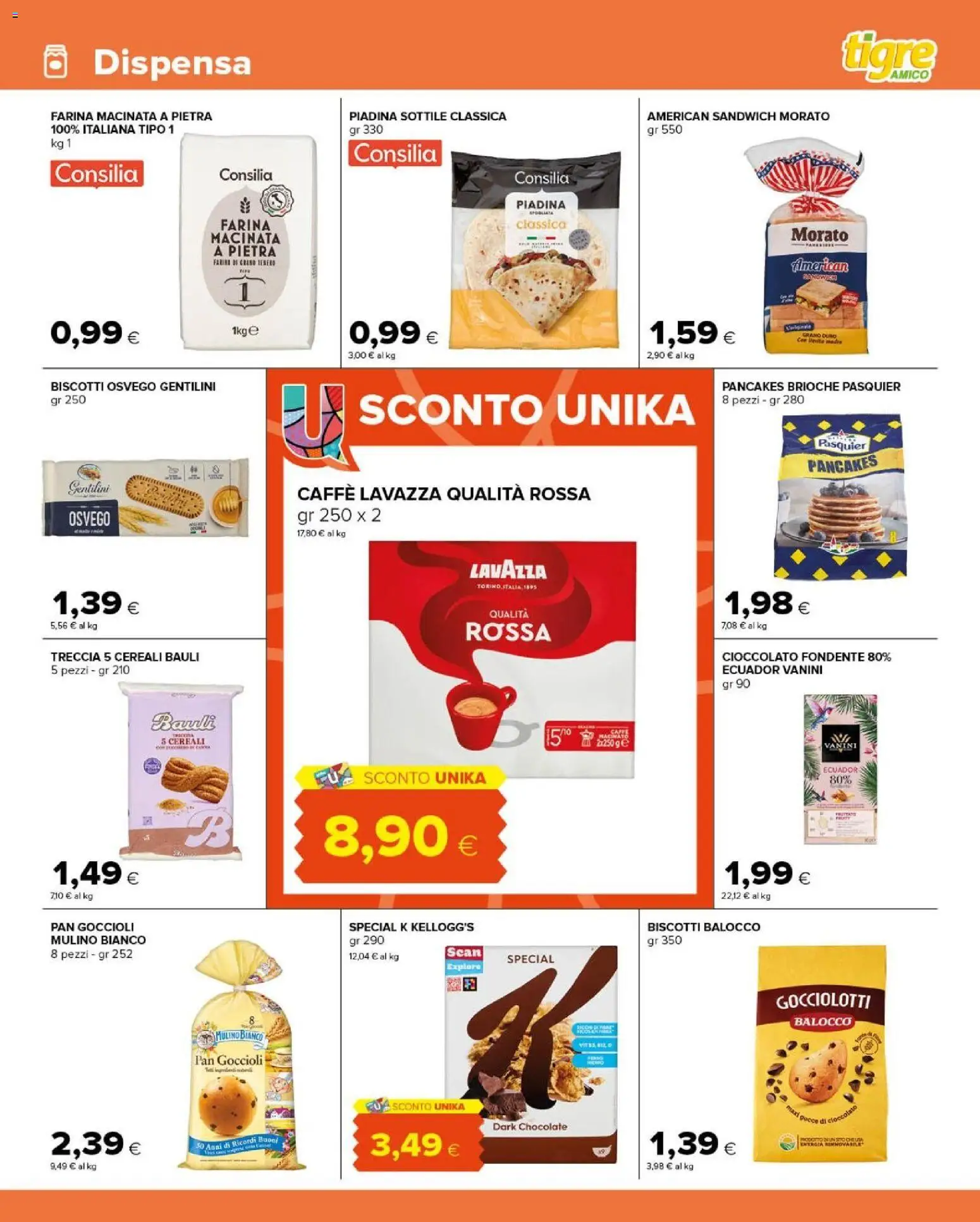 Anteprima dell'opuscolo Tigre volantino Amico Prezzi Super dal negozio Tigre valido da 14/10/2026 - Caffè, Piadina, Biscotti, Brioche, Cioccolato, Lavazza, Cereali, Farina