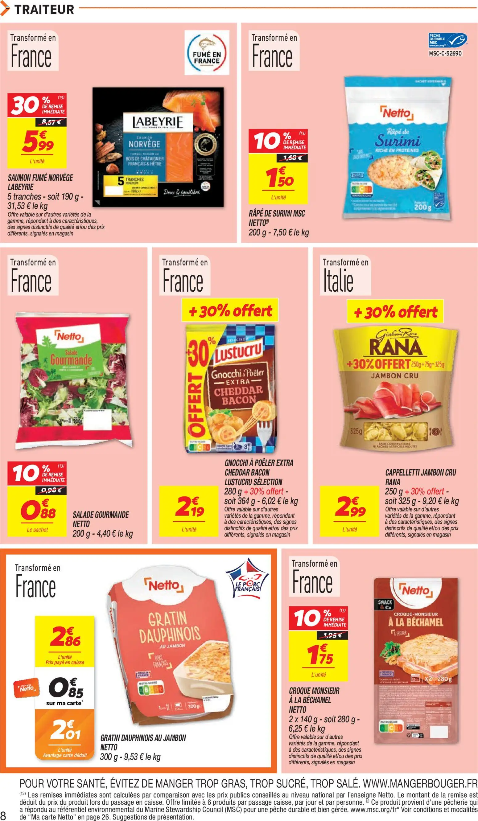 Prévisualisation de Netto - Temps fort Novembre du magasin Netto formulaire valide 03/11/2026 - Gratin dauphinois, Béchamel, Saumon, Cheddar, Bacon, Surimi, Jambon Cru, Râpe