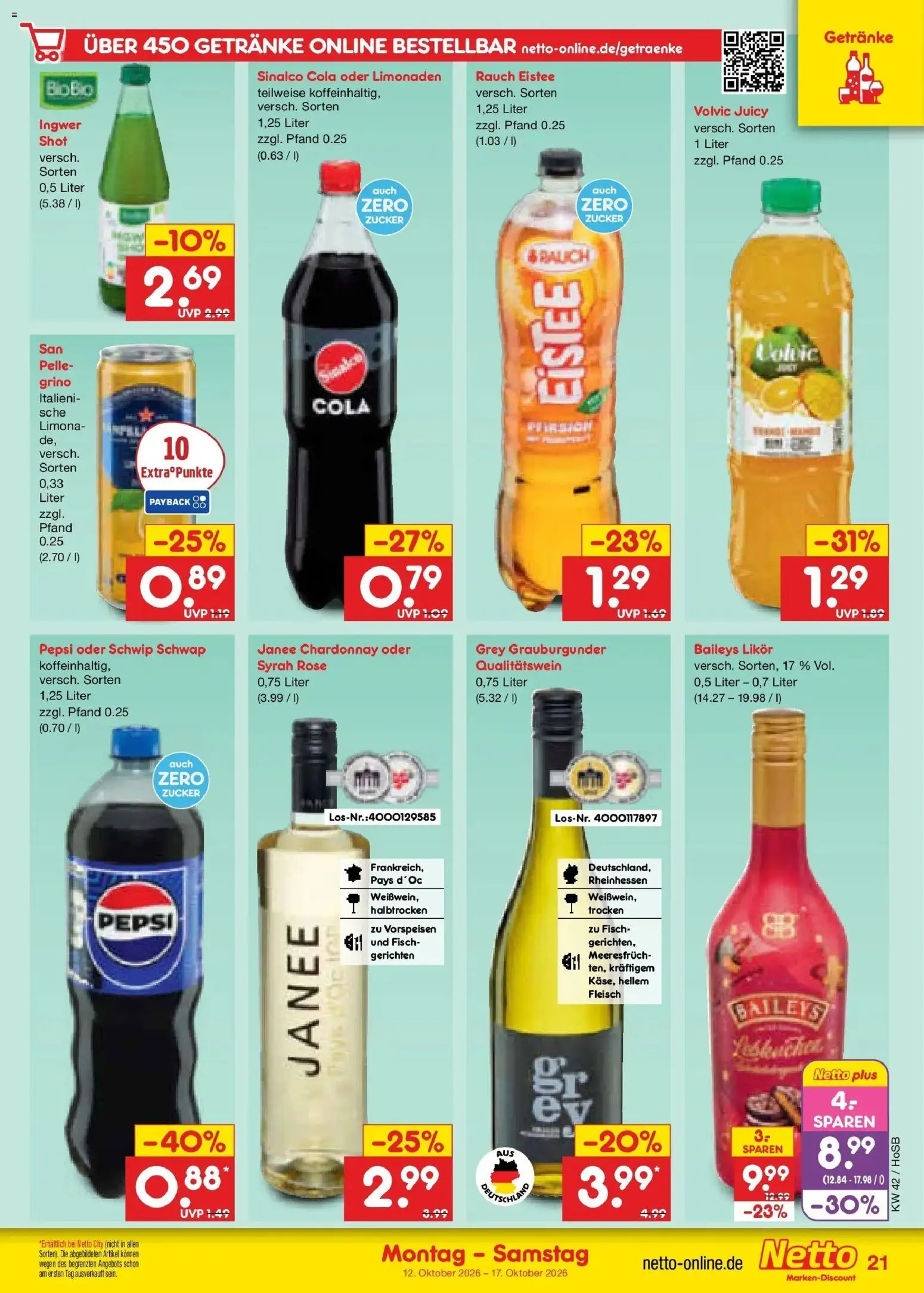 Vorschau von dem Prospekt des Geschäftes Netto Marken-Discount, gültig ab dem 12.10.2026 - Fisch, Cola, Fleisch, Zucker, Pepsi, Volvic, Sinalco, Schwip schwap