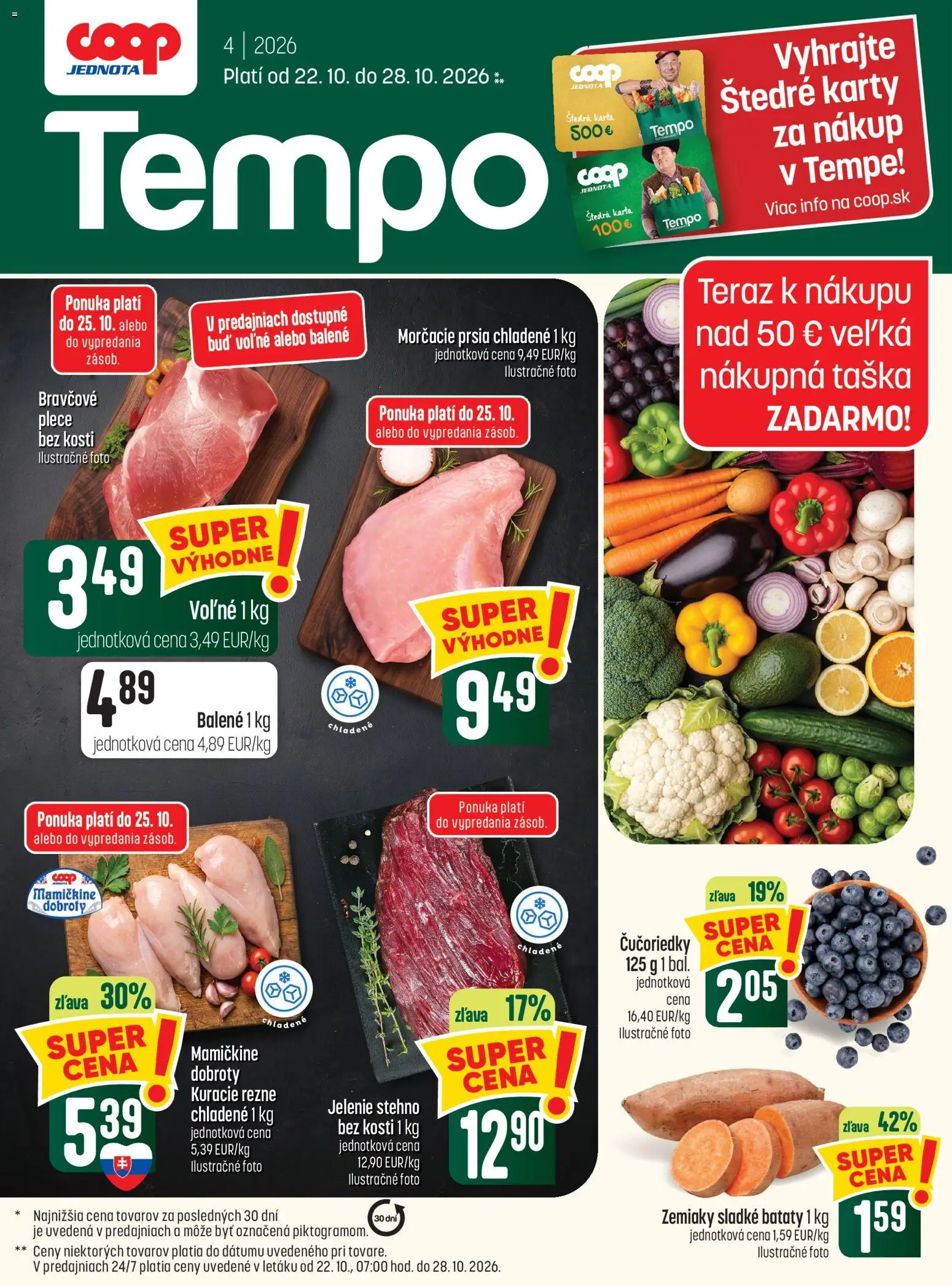 Náhľad COOP Jednota letáku platného od 22.10.2026 - Čučoriedky, Kuracie rezne, Morčacie prsia, Zemiaky, Taška, Rezne, Batáty, Bravčové plece