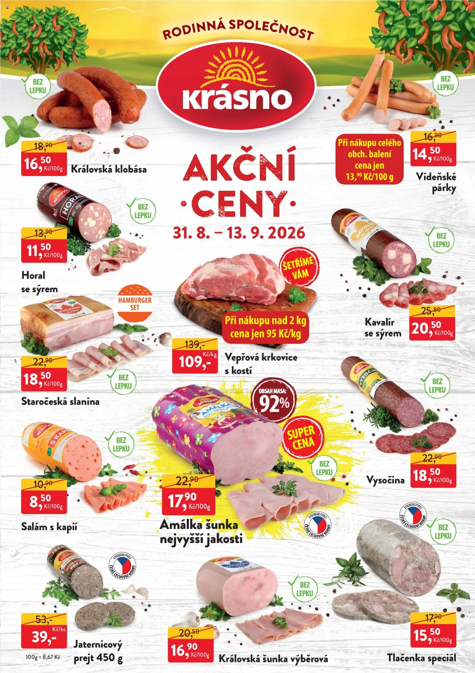Náhled nabídky: MP Krásno MP Krásno leták platný od 31.08.2026 - Hamburger, Vysočina, Šunka, Klobása, Krkovice, Salám, Párky, Vepřová krkovice