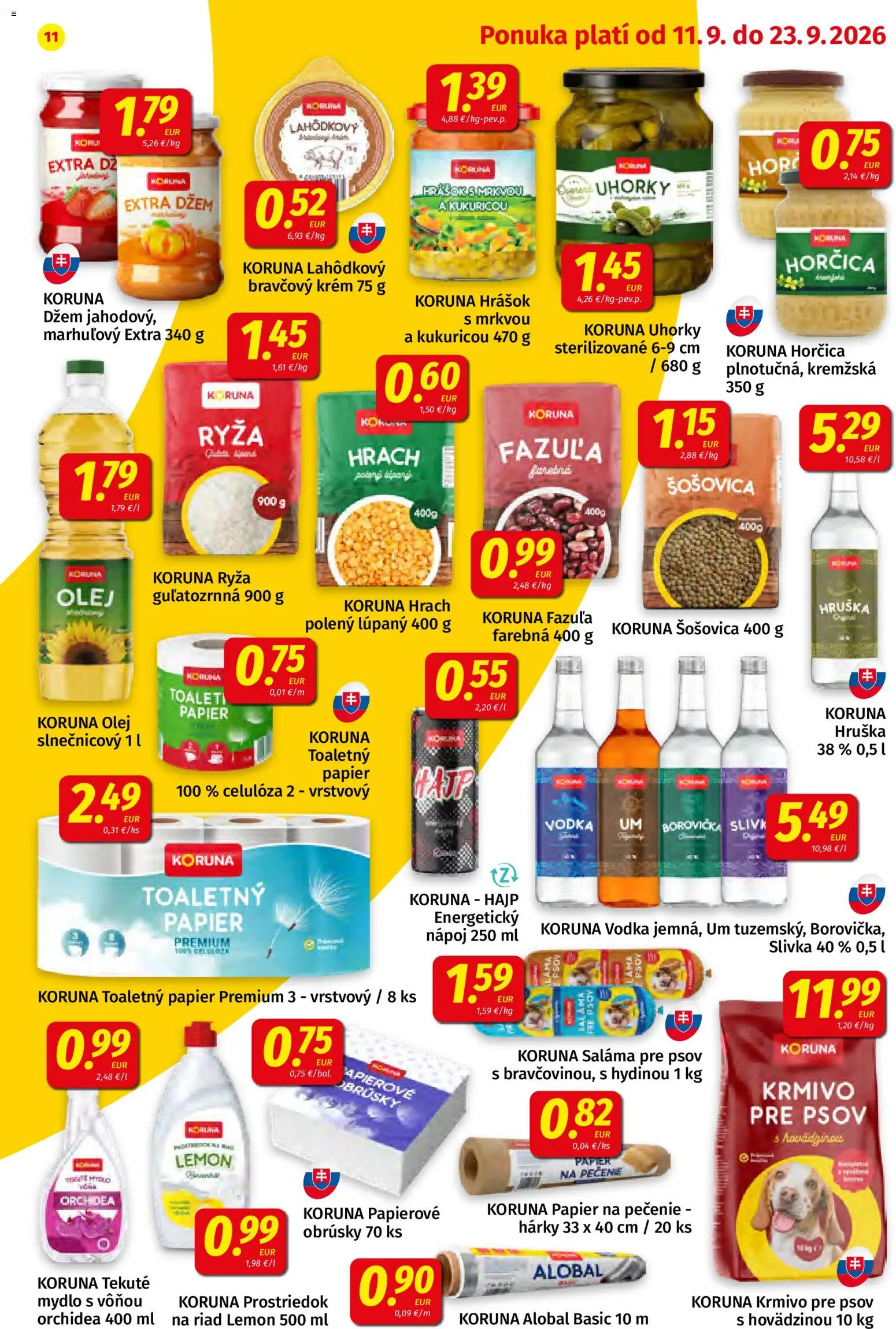 Náhľad Koruna letáku platného od 11.09.2026 - Orchidea, Olej, Toaletný papier, Krmivo pre psov, Alobal, Riad, Uhorky, Energetický nápoj