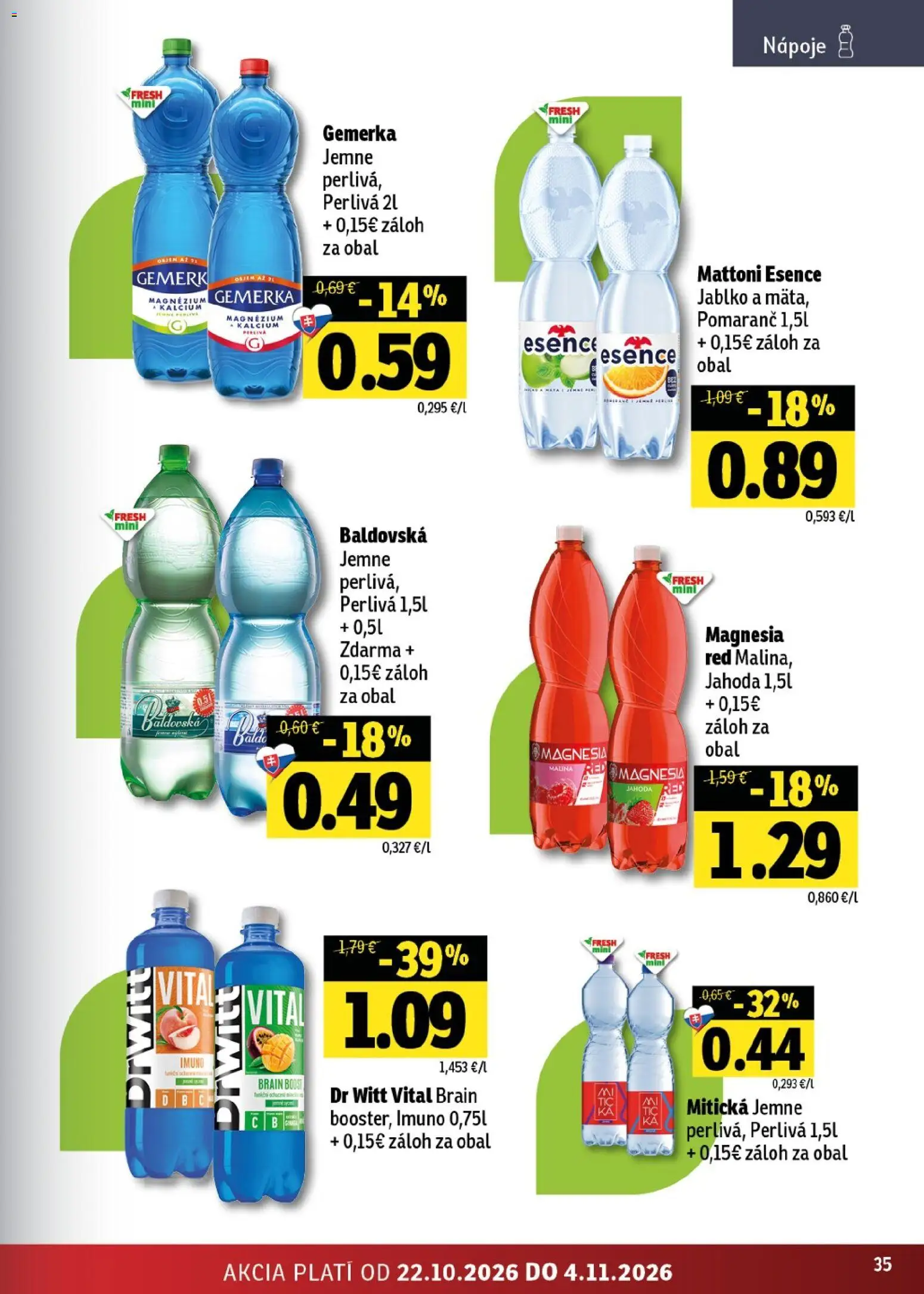 Náhľad Fresh letáku platného od 22.10.2026 - Mattoni, Baldovská, Magnesia, Gemerka, Nápoje, Mitická