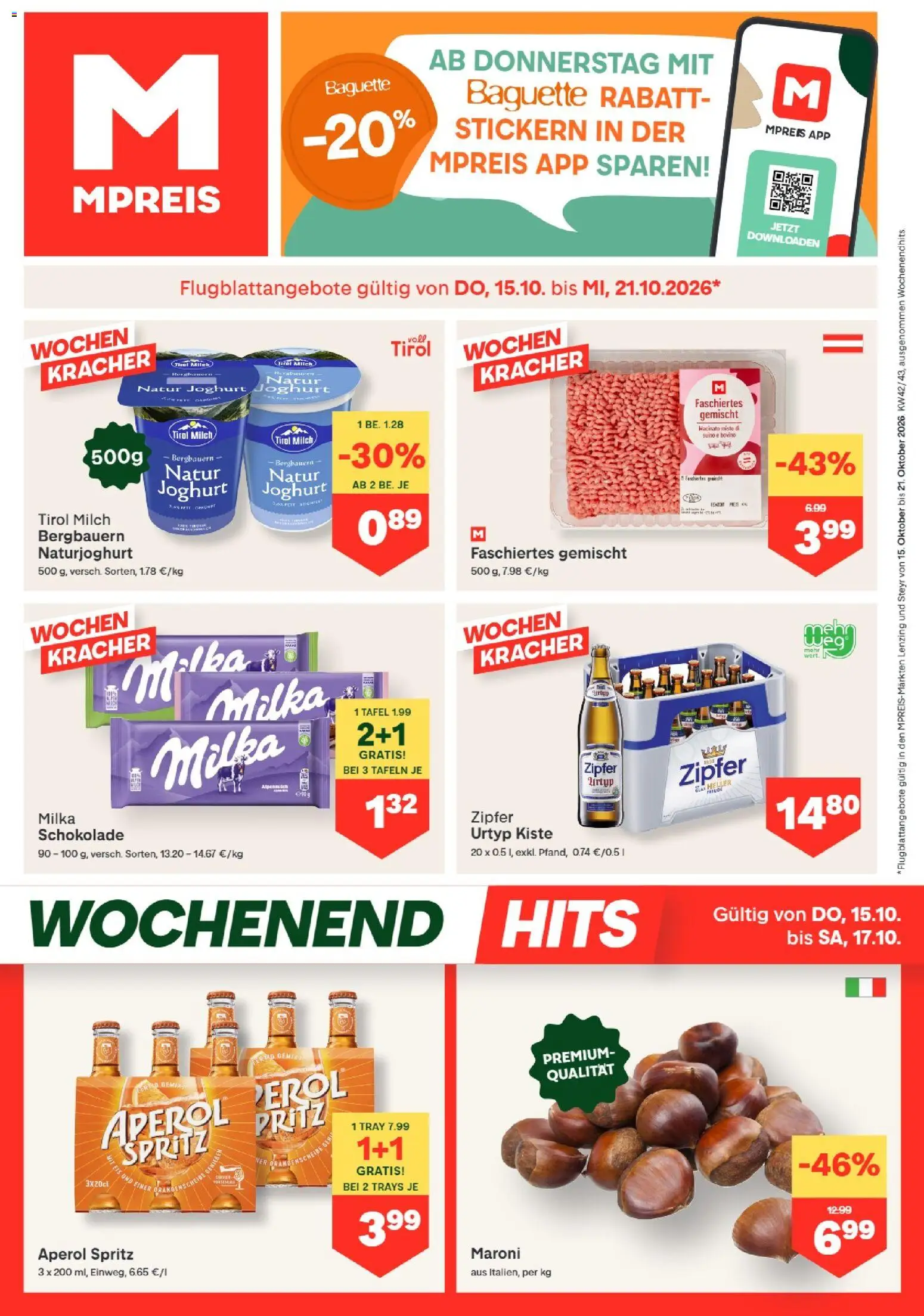 Vorschau der Angebote: MPREIS MPREIS Lenzing gültig ab 15.10.2026 - Eis, Baguette, Schokolade, Aperol, Milch, Joghurt