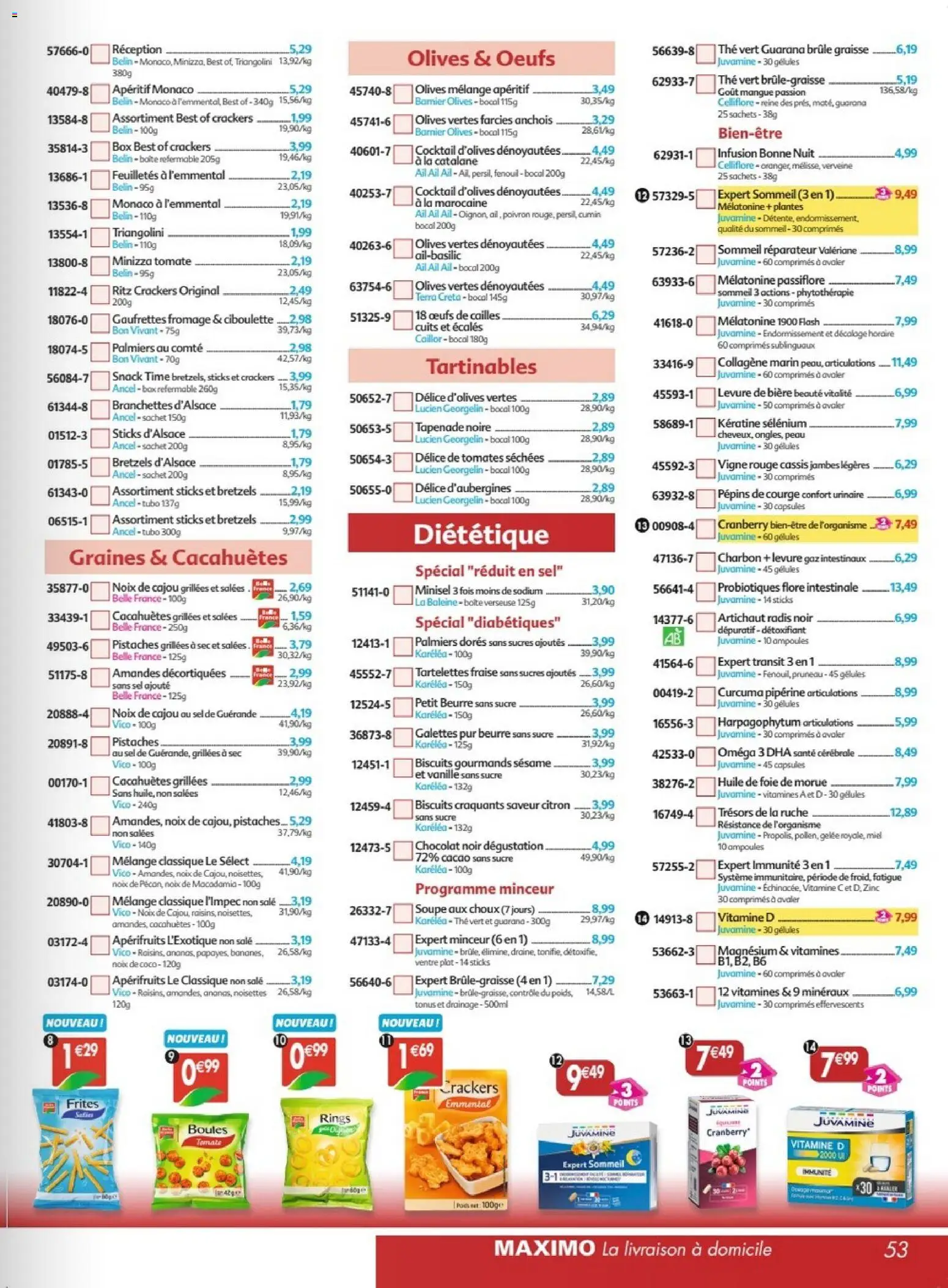 Prévisualisation de Maximo catalogue epicerie du magasin Maximo formulaire valide 26/10/2026 - Cocktail, Fenouil, Miel, Foie, Sésame, Amandes, Vanille, Tomates séchées