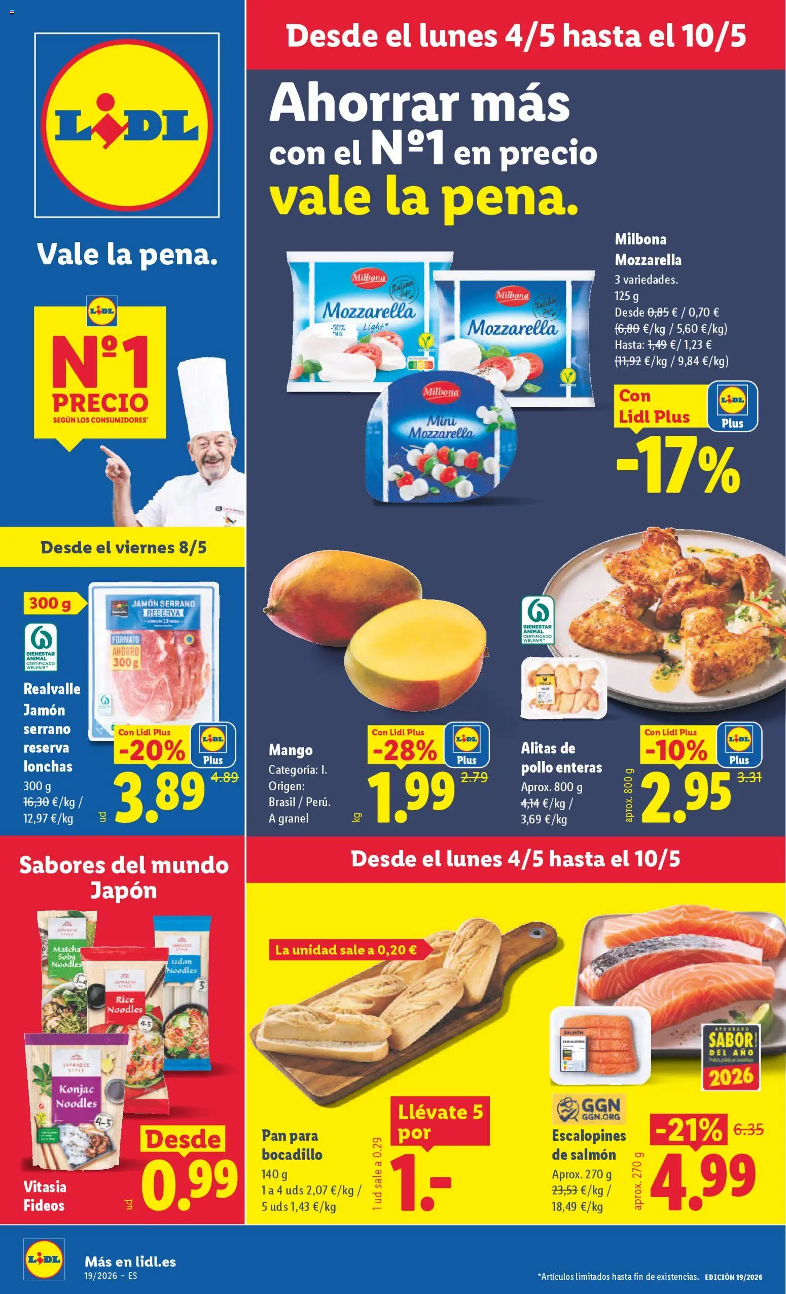 Vista previa del folleto de la tienda Lidl válido desde el 04/05/2026 - Jamón, Matcha, Jamón serrano, Mozzarella, Alitas de pollo, Fideos, Salmón, Pollo