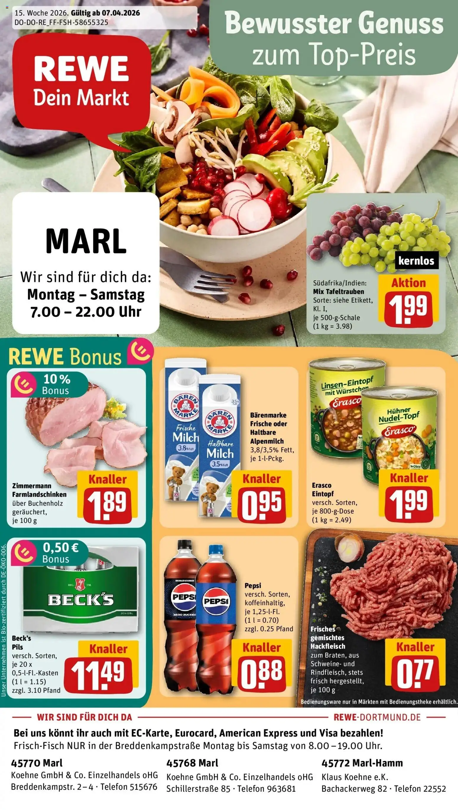 Vorschau von dem Prospekt des Geschäftes Rewe, gültig ab dem 05.04.2026 - Uhr, Cola, Milch, Hackfleisch, Zucker, Pepsi, Pils, Erasco