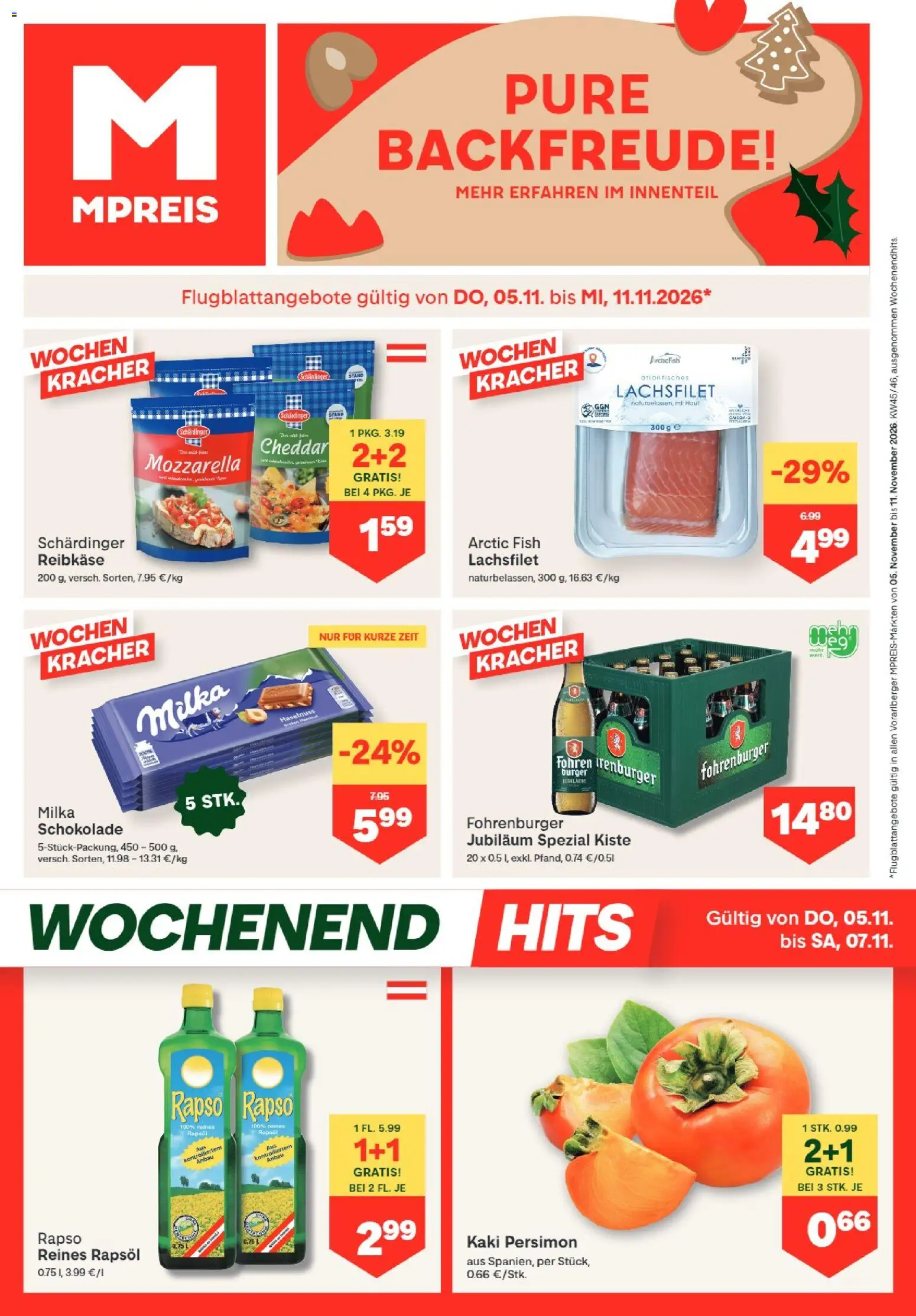Vorschau der Angebote: MPREIS MPREIS Hohenems gültig ab 05.11.2026 - Burger, Schokolade, Kaki, Rapsöl, Lachsfilet