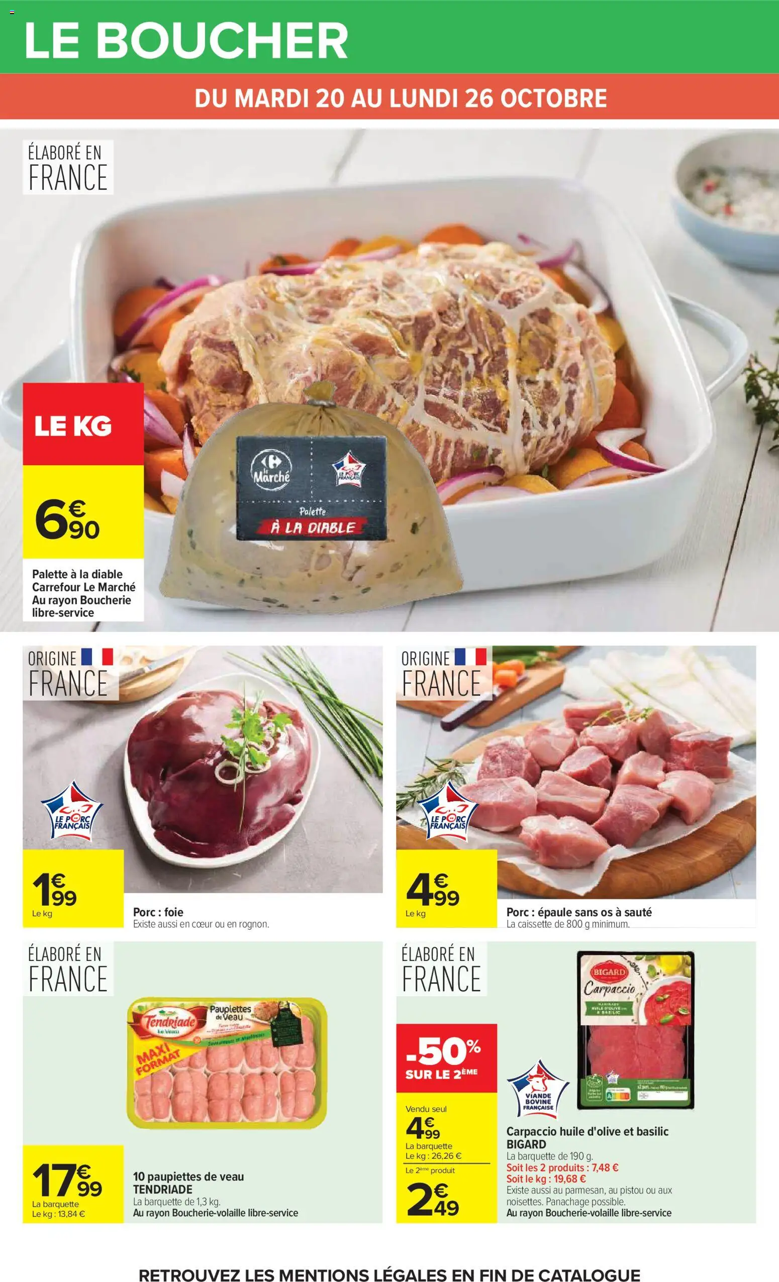 Prévisualisation de Carrefour catalogue du magasin Carrefour formulaire valide 20/10/2026 - Paupiettes de veau, Foie, Diable, Viande, Huile, Porc, Palette à la diable, Huile D'olive