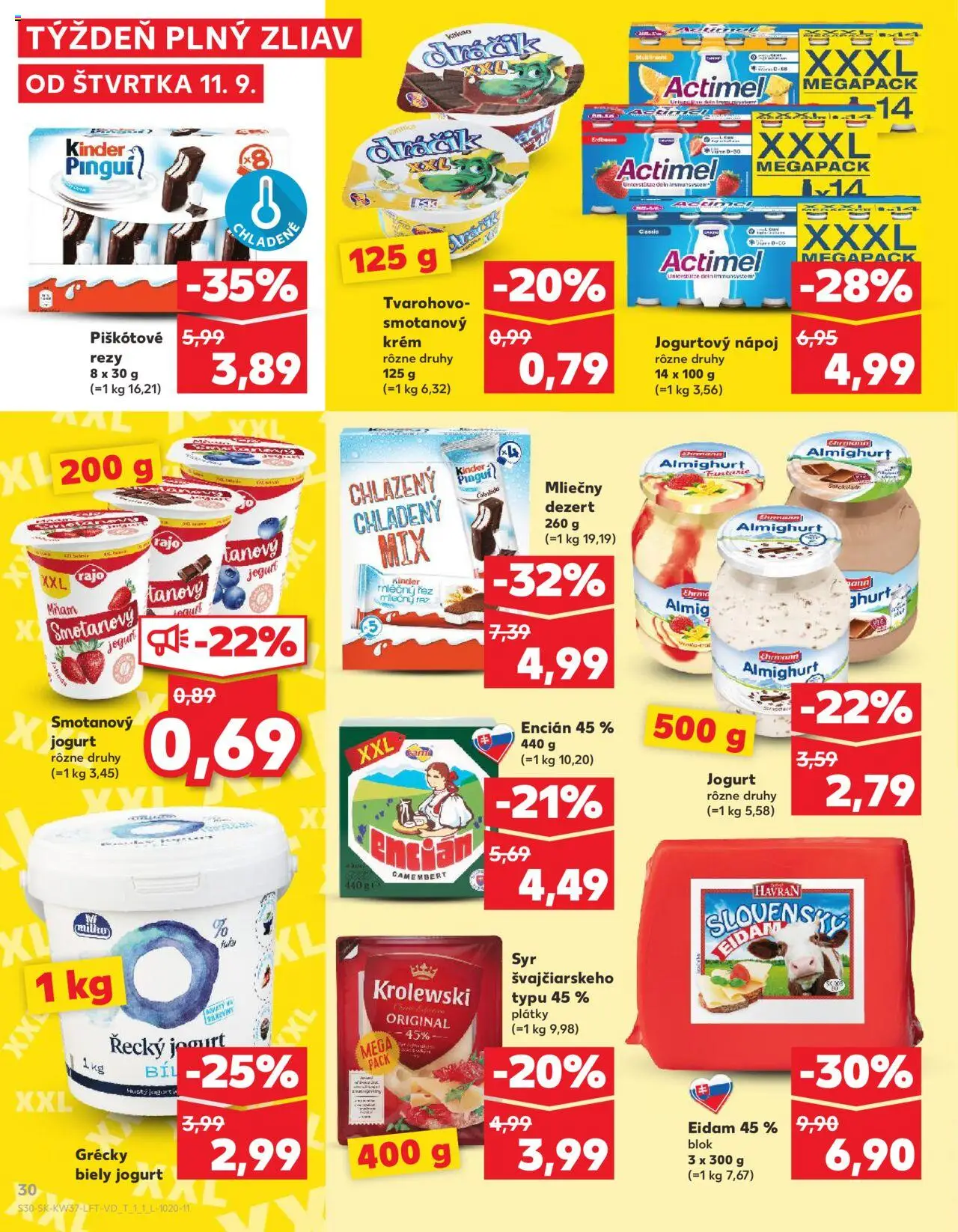 Náhľad Kaufland letáku platného od 11.09.2025 - Syr, Kinder, Kakao, Jogurt, Actimel, Biely jogurt, Encián, Krém
