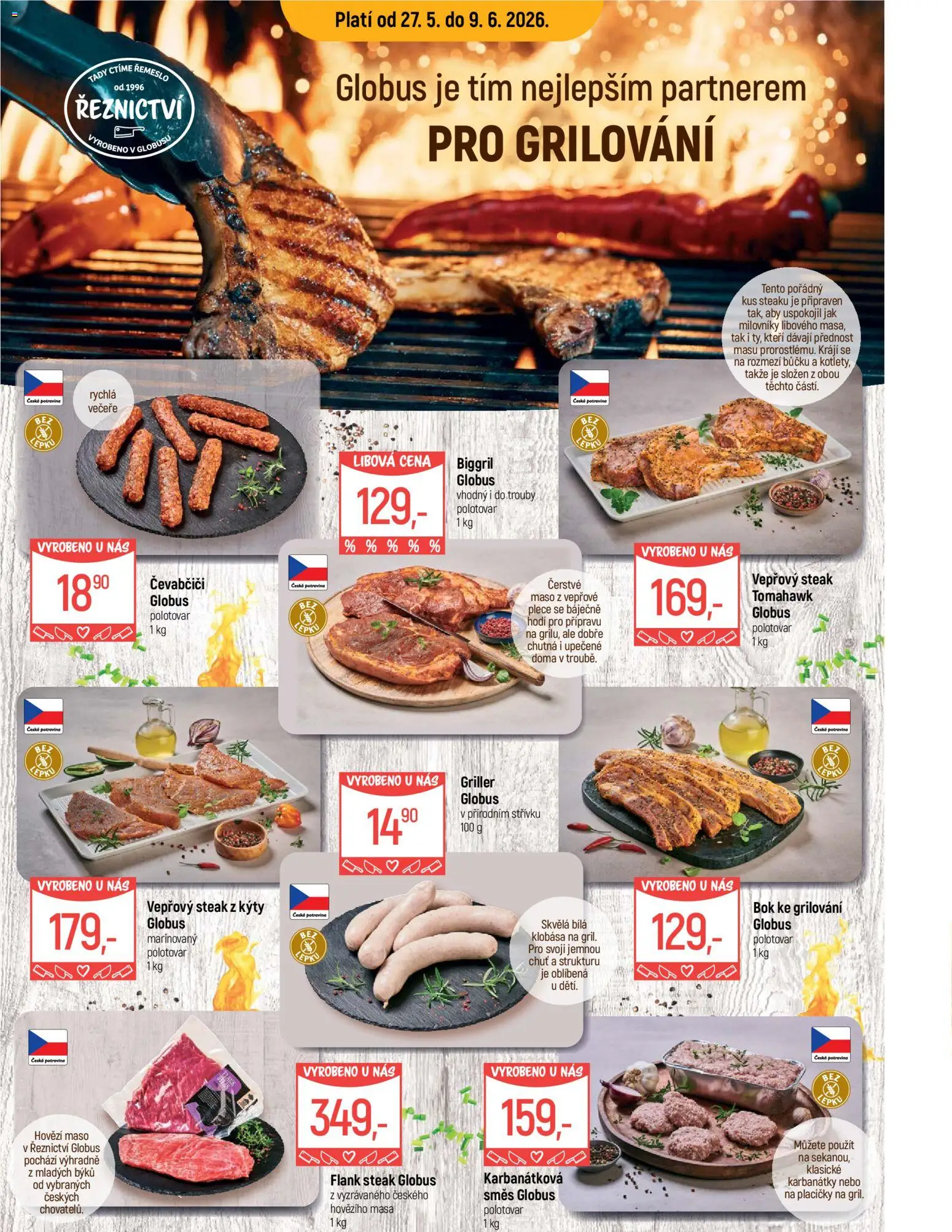 Náhled nabídky: Globus Globus leták - Trmice platný od 27.05.2026 - Maso, Steak, Flank steak, Hovězí maso, Klobása, Hovězí, Grilování, Vepřový steak