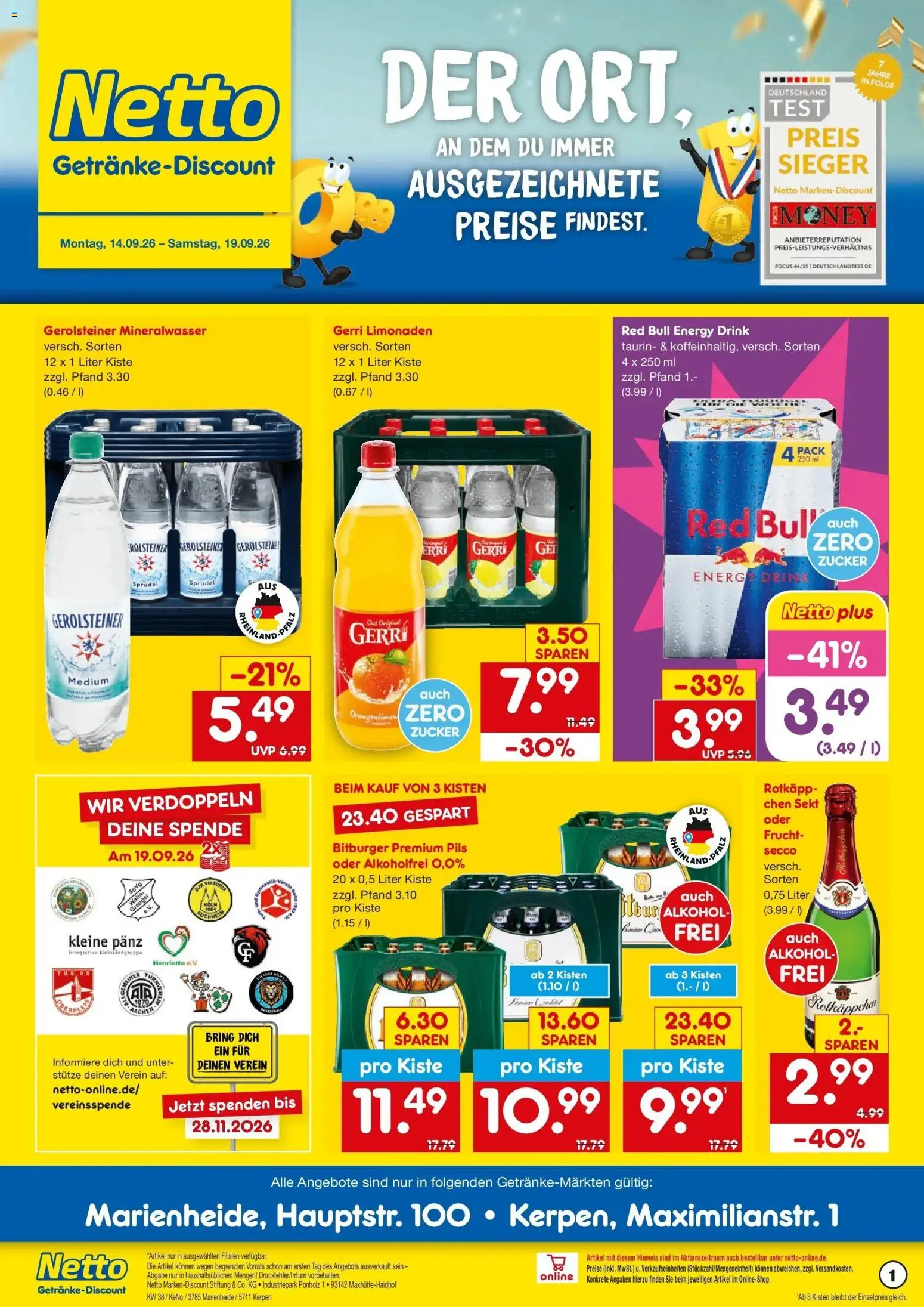 Vorschau von dem Prospekt des Geschäftes Netto Marken-Discount, gültig ab dem 14.09.2026 - Red bull, Mineralwasser, Alkohol, Gerolsteiner, Zucker, Sekt, Bitburger, Pils