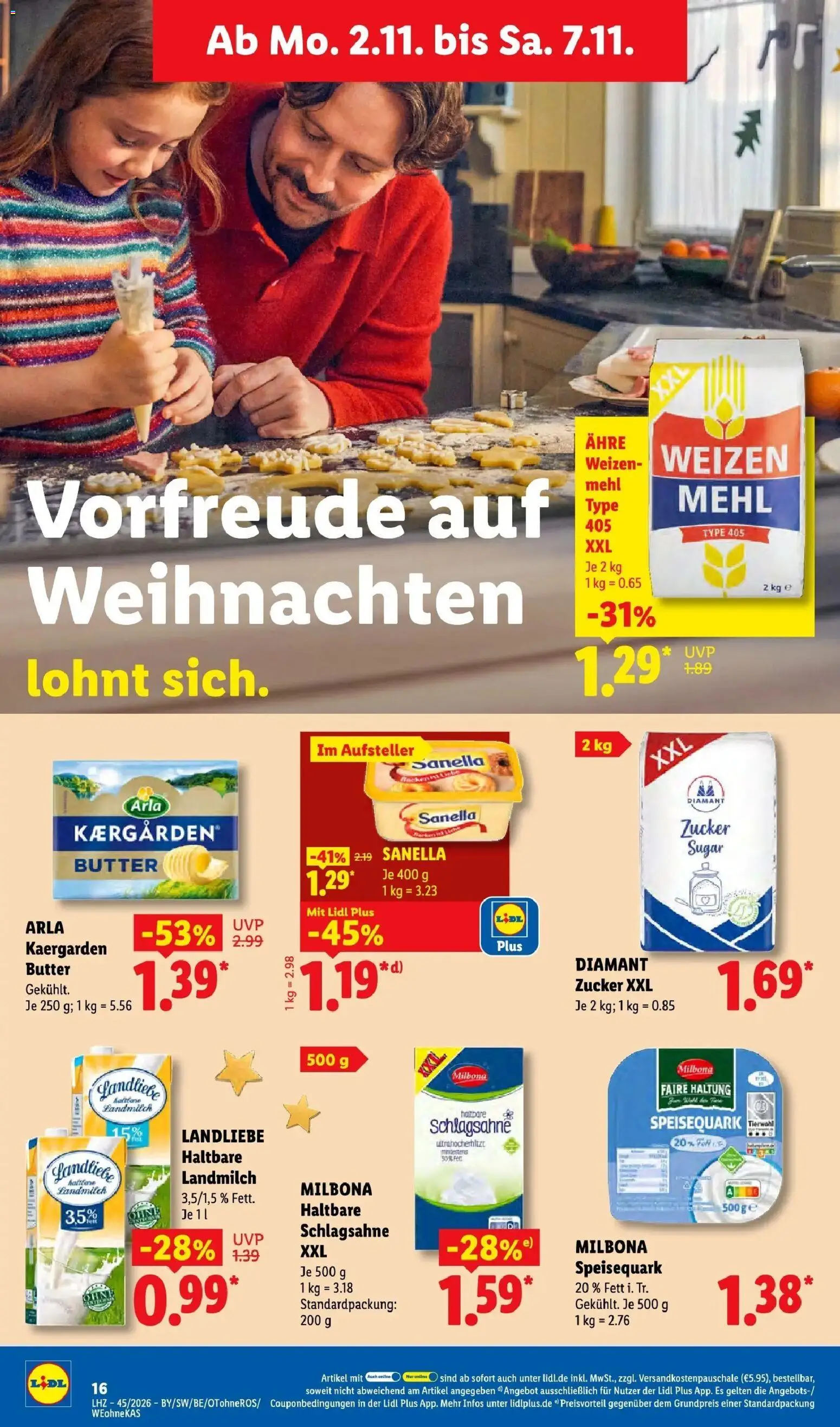 Vorschau von dem Prospekt des Geschäftes Lidl, gültig ab dem 02.11.2026 - Butter, Mehl, Schlagsahne, Zucker, Speisequark, Sanella