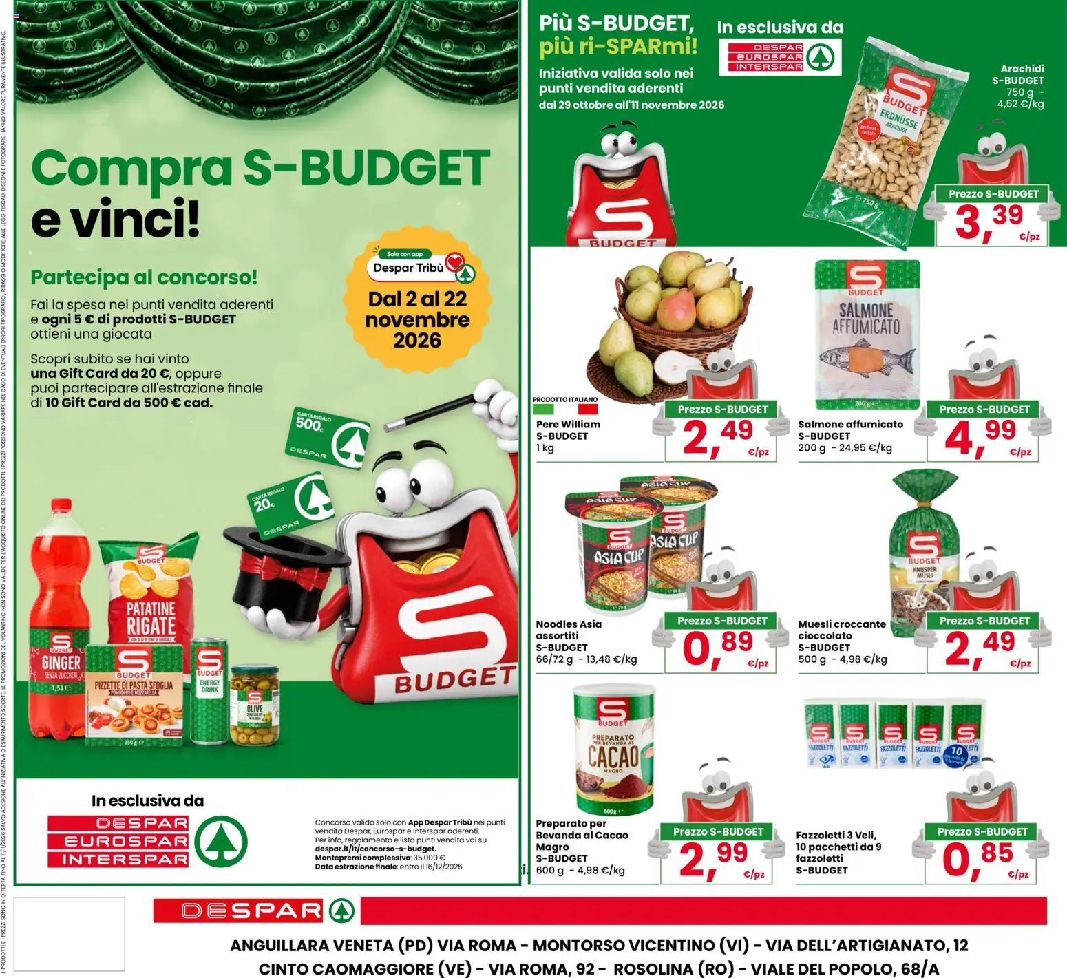 Anteprima dell'opuscolo Despar volantino Cinto Caomaggiore dal negozio Despar valido da 29/10/2026 - Pasta, Pasta sfoglia, Salmone, Muesli, Arachidi, Olive, Cacao, Fazzoletti