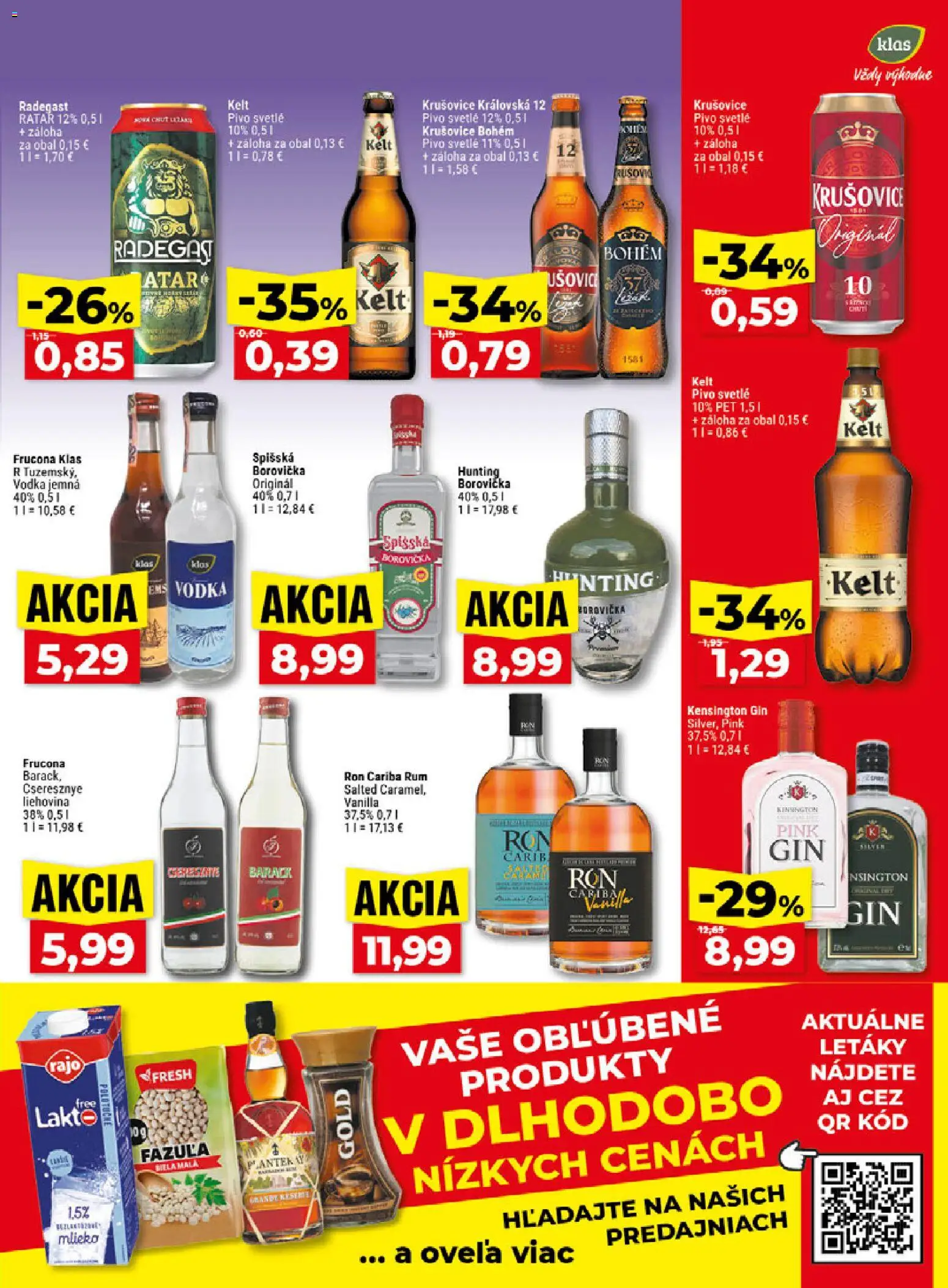 Náhľad Klas letáku platného od 02.11.2026 - Pivo, Rum, Vodka, Gin, Mlieko, Radegast, Fazuľa, Kelt