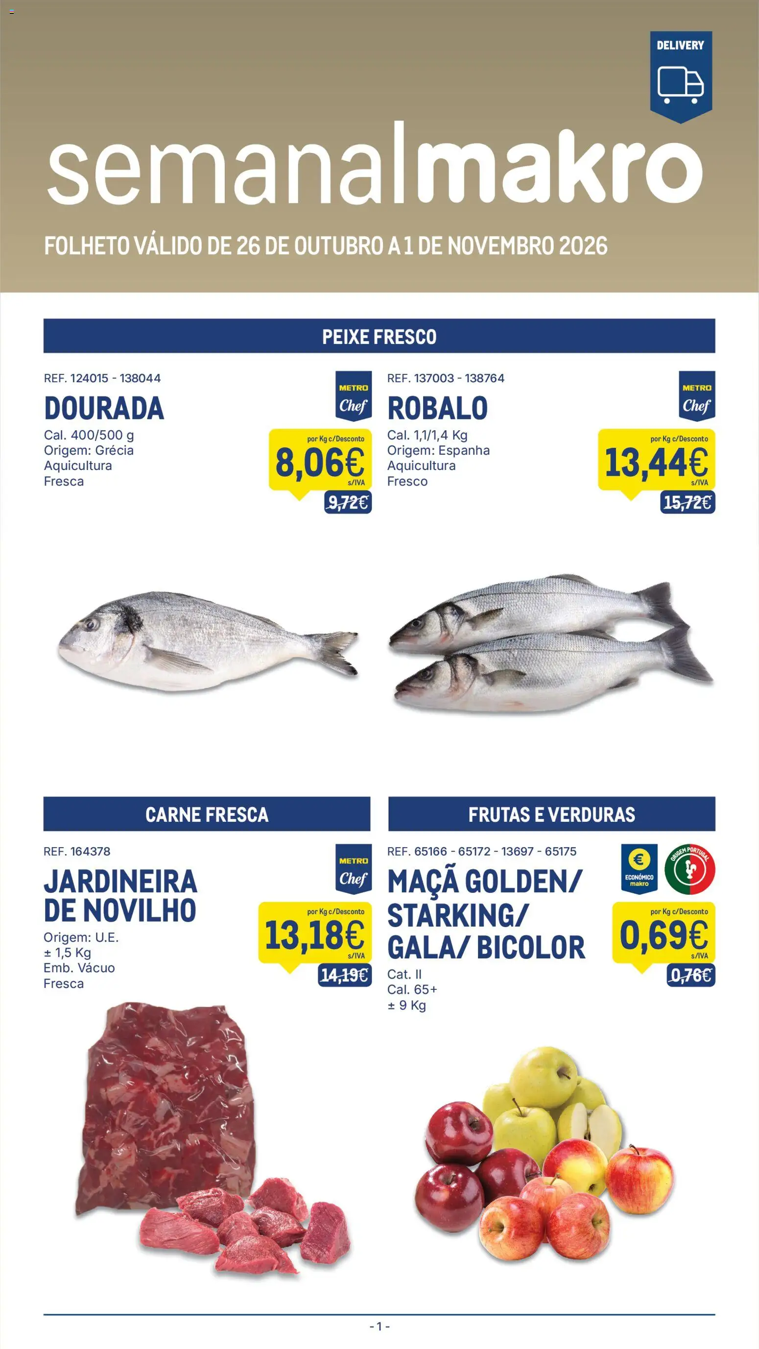Pré-visualização do folheto da loja Makro válida a partir de 26/10/2026 - Frutas, Peixe, Maça, Carne, Dourada