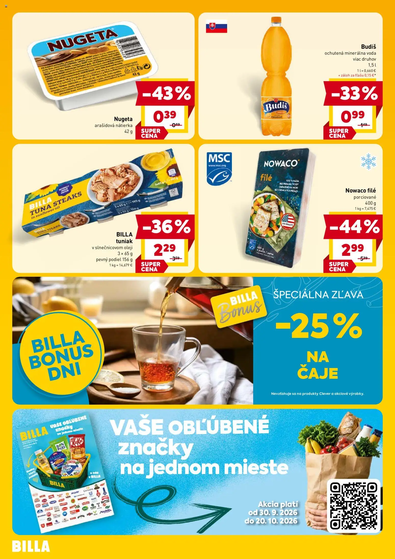 Náhľad Billa letáku platného od 07.10.2026 - Voda, Tuniak, Budiš, Nátierka, Minerálna voda, Filé