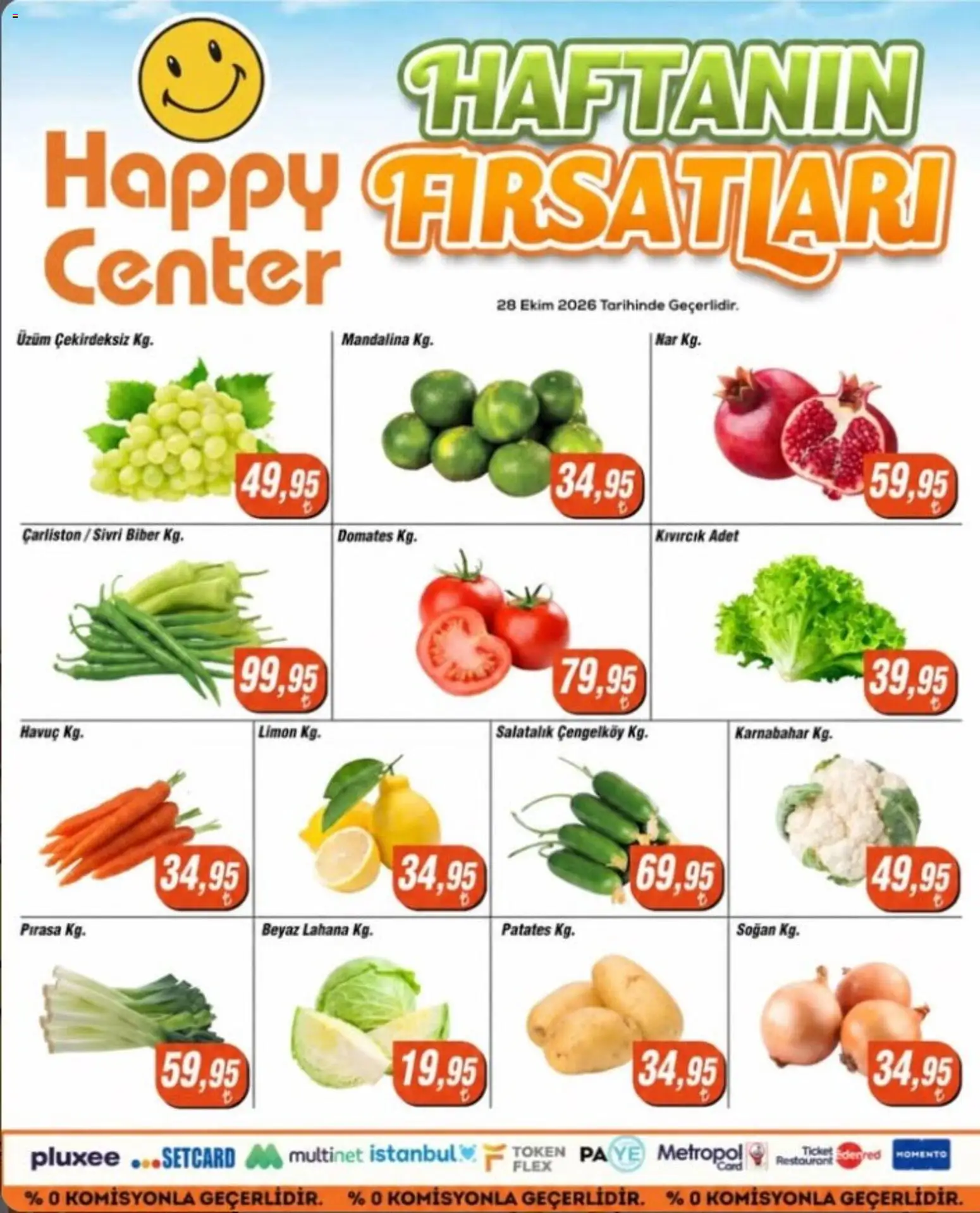 Happy Center Happy Center - Manav 28.10.2026 - Broşürünün önizlemesi - Patates, Limon, Domates, Karnabahar, Üzüm, Pırasa, Mandalina, Biber