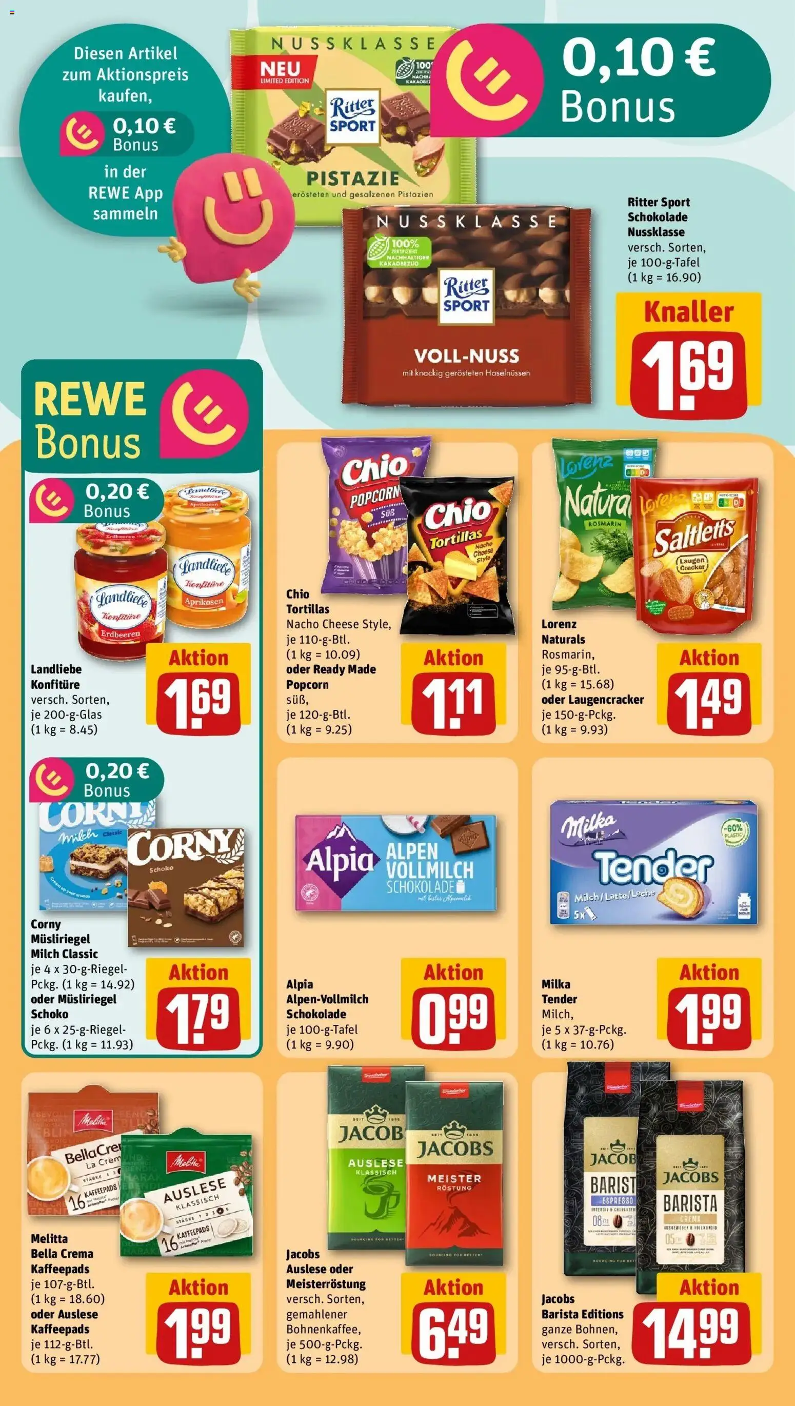 Vorschau von dem Prospekt des Geschäftes Rewe, gültig ab dem 05.04.2026 - Chips, Schokolade, Erdbeeren, Pistazien, Milch, Ritter sport, Melitta, Kaffeepads