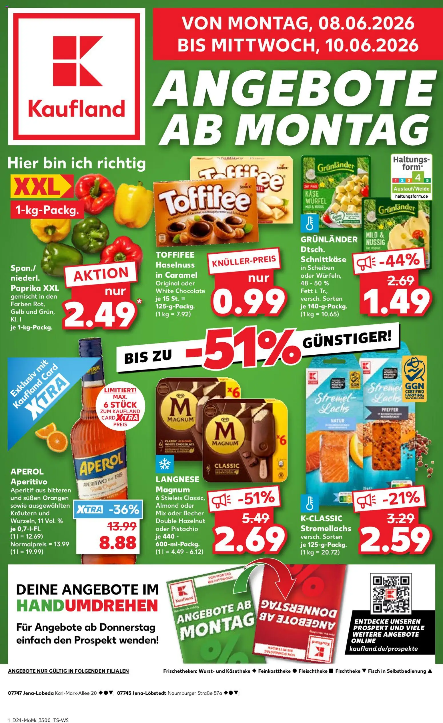 Vorschau von dem Prospekt des Geschäftes Kaufland, gültig ab dem 08.06.2026 - Käse, Wurst, Aperol, Lachs, Toffifee, Pfeffer, Langnese, Orangen