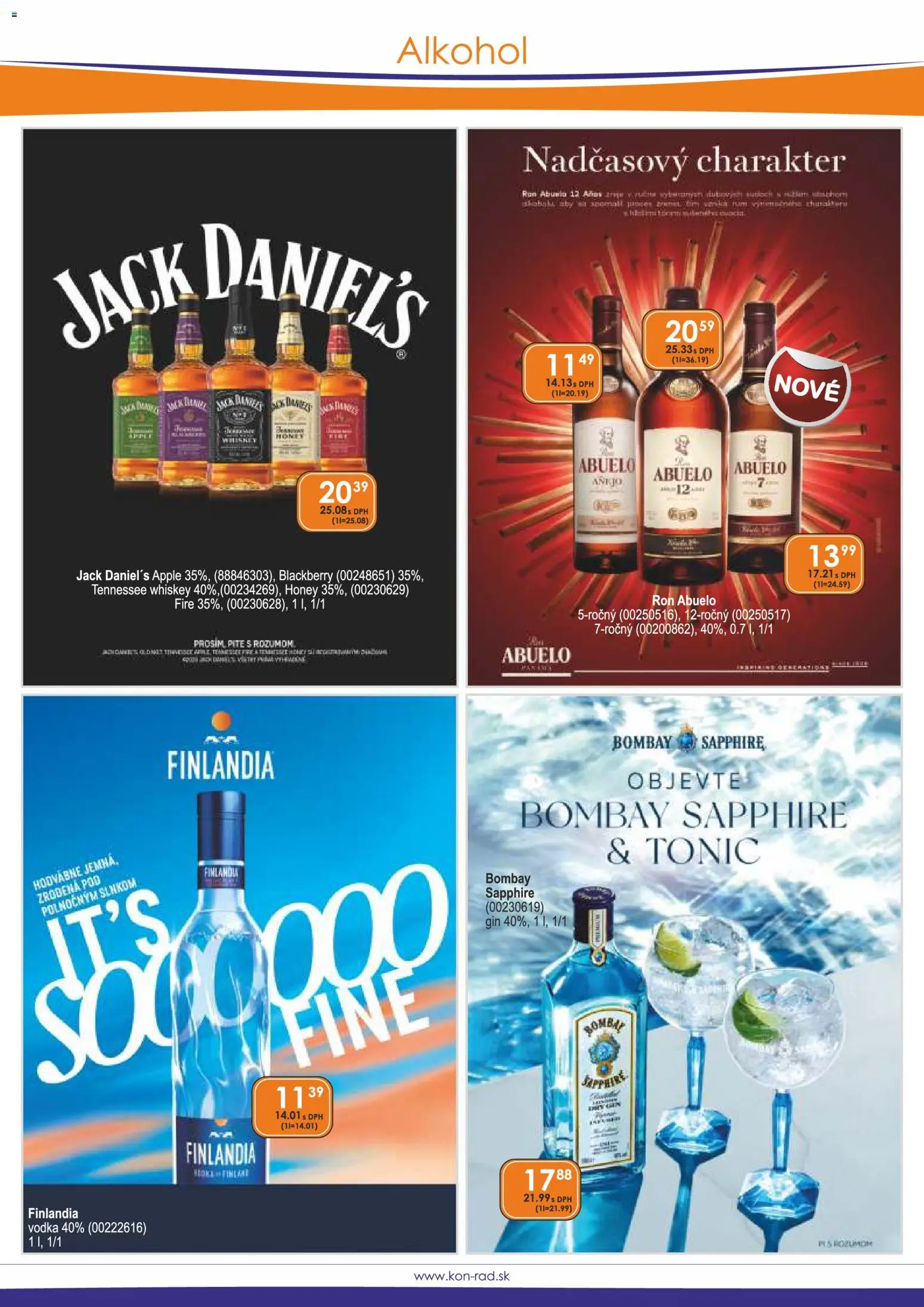 Náhľad KON - RAD letáku platného od 01.11.2026 - Apple, Alkohol, Vodka, Gin, Tonic, Finlandia, Bombay Sapphire, Jack Daniel's