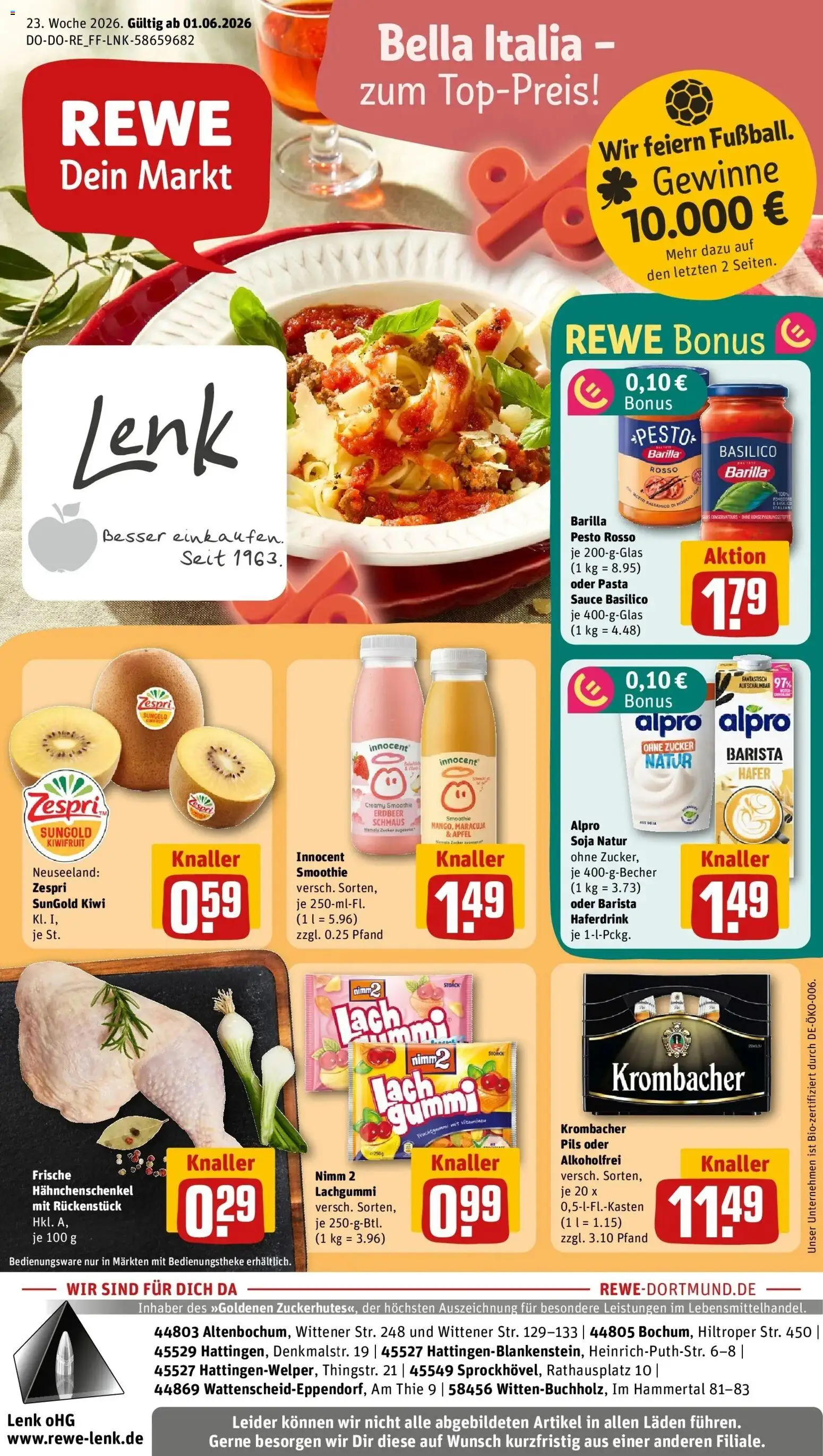 Vorschau von dem Prospekt des Geschäftes Rewe, gültig ab dem 01.06.2026 - Kiwi, Krombacher, Zucker, Hahnchenschenkel, Barilla, Alpro, Pils, Haferdrink