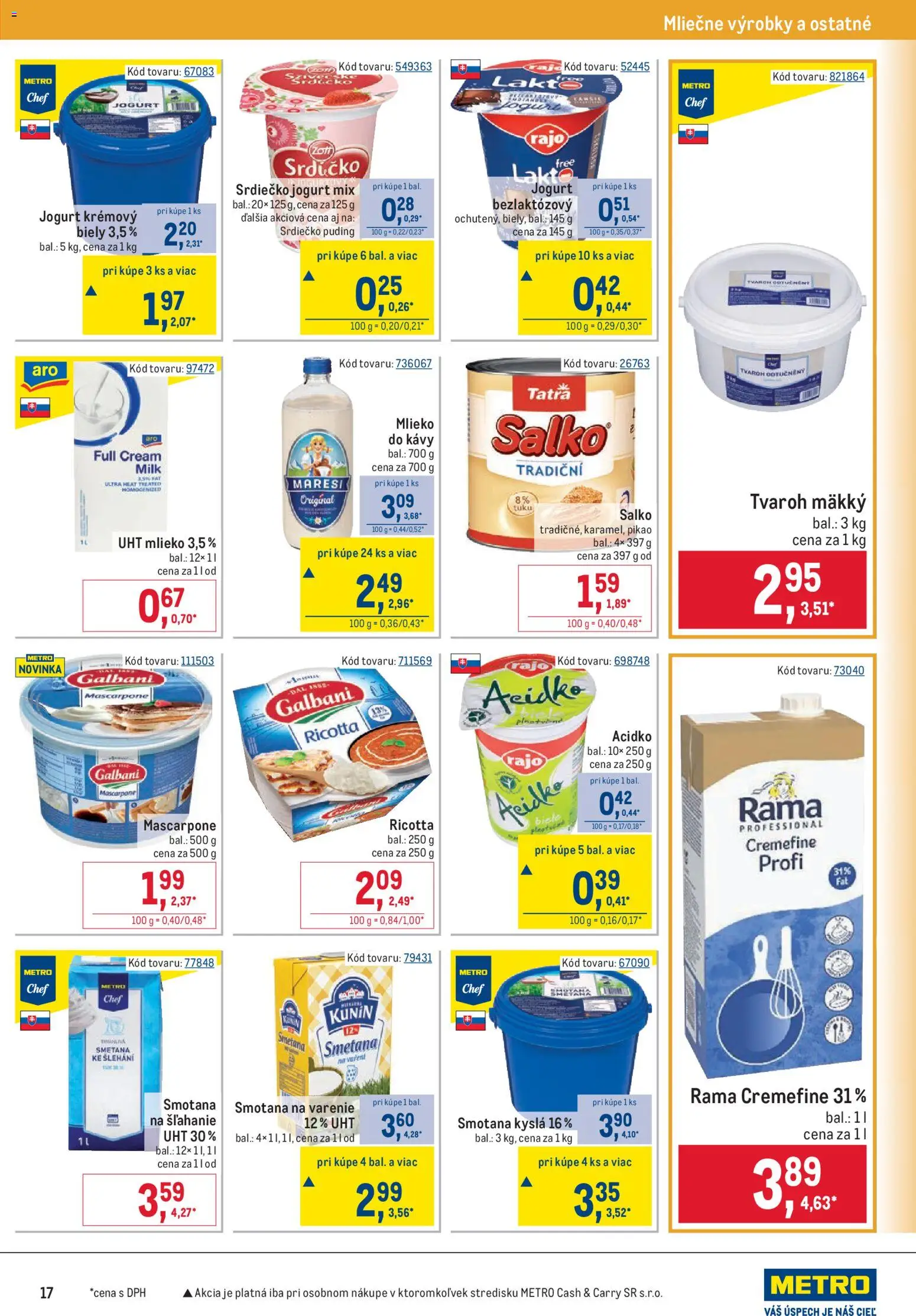 Náhľad Metro letáku platného od 07.10.2026 - Tvaroh, Ricotta, Mlieko, Salko, Smotana na varenie, Jogurt, Acidko, Smotana