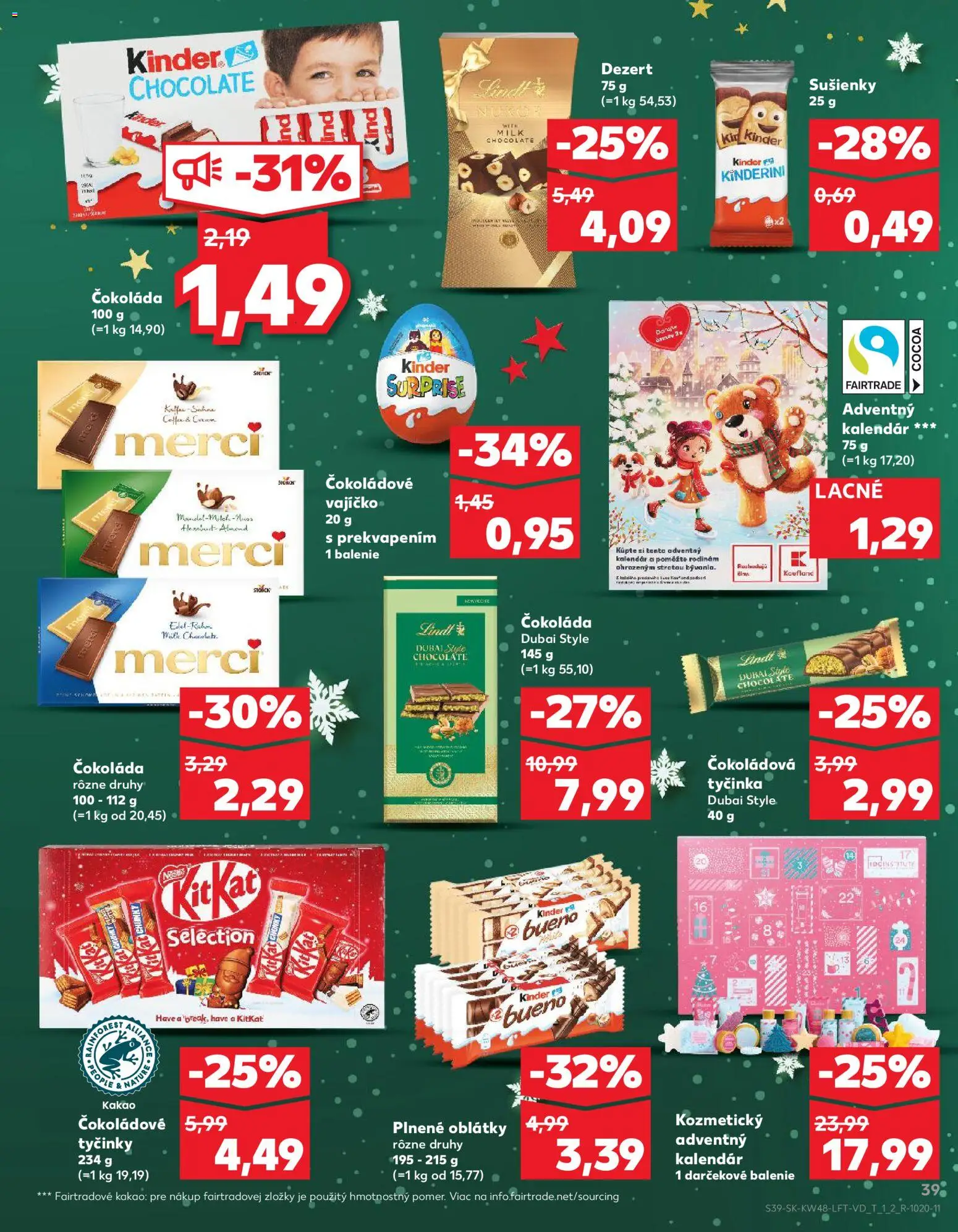 Náhľad Kaufland letáku platného od 27.11.2025 - Čokoláda, Adventný kalendár, Kinder, Merci, Kakao, Kinder Bueno, Sušienky, Oblátky