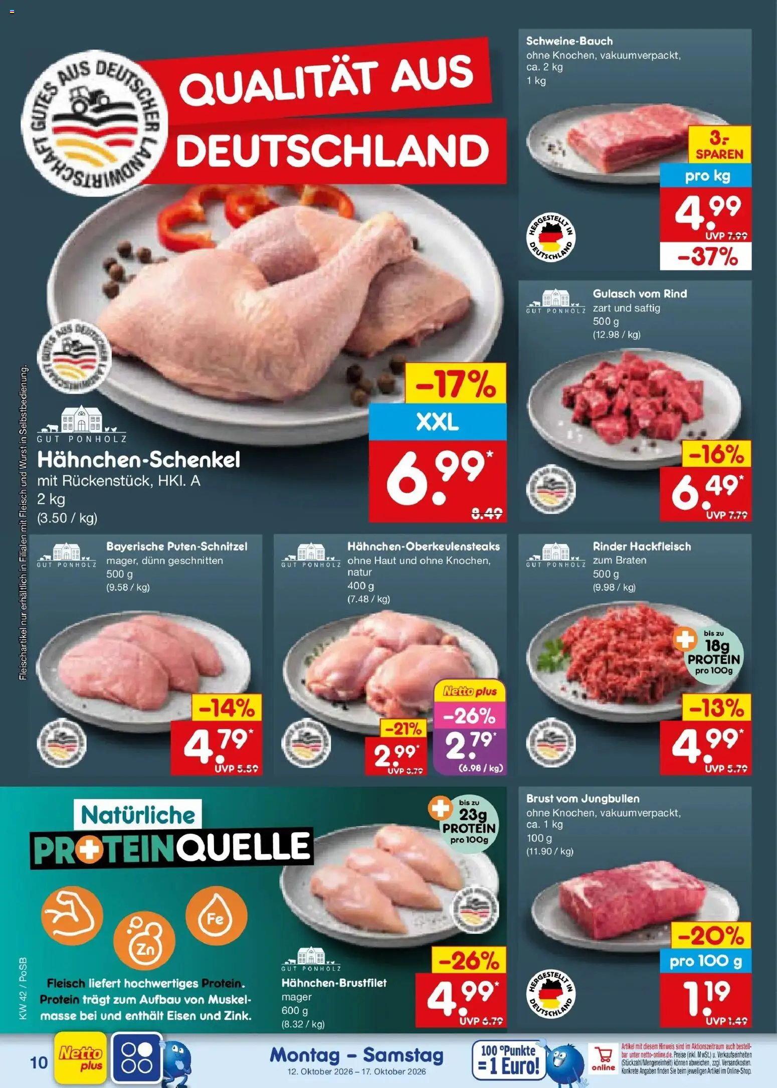Vorschau von dem Prospekt des Geschäftes Netto Marken-Discount, gültig ab dem 12.10.2026 - Wurst, Gulasch, Fleisch, Hackfleisch, Hahnchenschenkel, Schweinebauch, Putenschnitzel