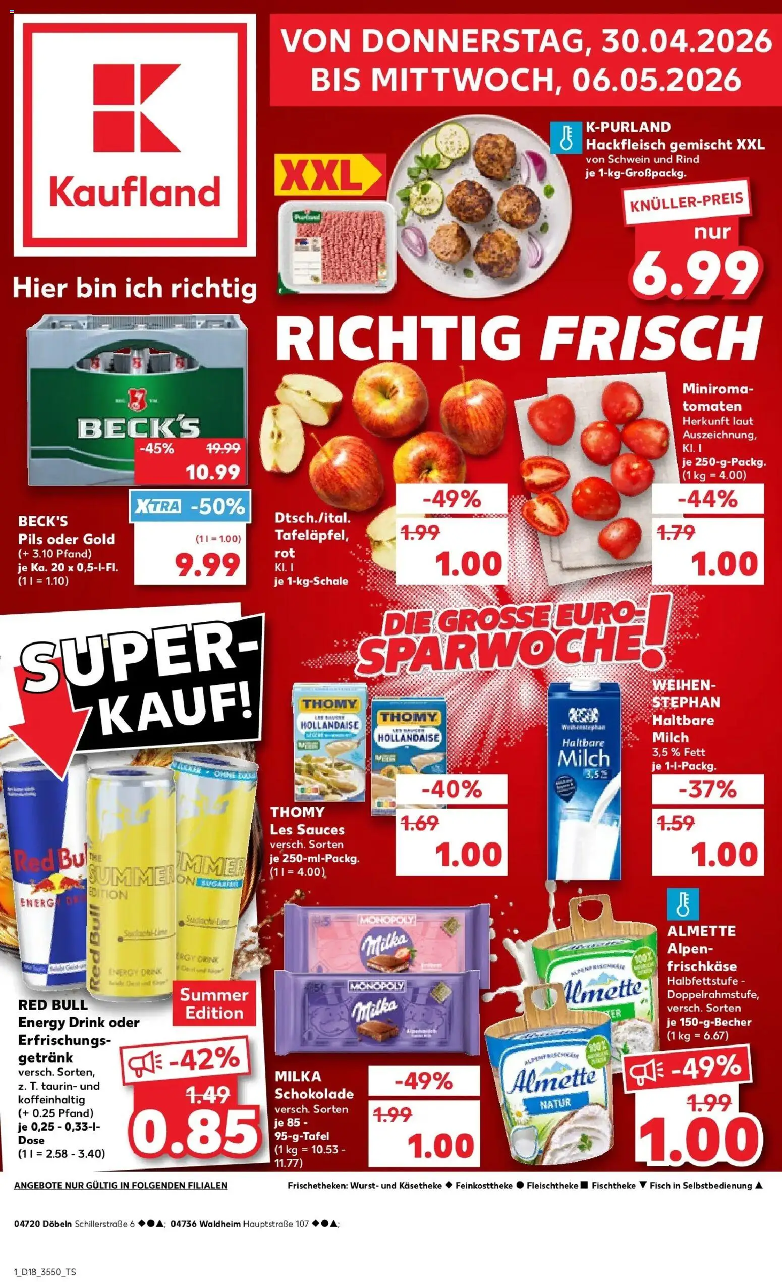Vorschau von dem Prospekt des Geschäftes Kaufland, gültig ab dem 30.04.2026 - Red bull, Schokolade, Wurst, Milch, Milka schokolade, Tomaten, Pils, Frischkase