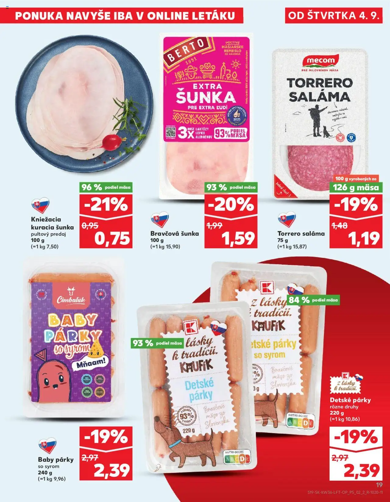 Náhľad Kaufland letáku platného od 04.09.2025 - Mäso, Šunka, Párky, Bravčové mäso, Saláma