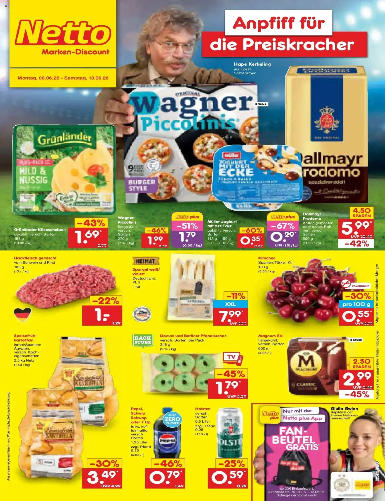Vorschau von dem Prospekt des Geschäftes Netto Marken-Discount, gültig ab dem 08.06.2026 - Joghurt, Donuts, Fleisch, Hackfleisch, Zucker, Piccolinis, Holsten, Grunlander