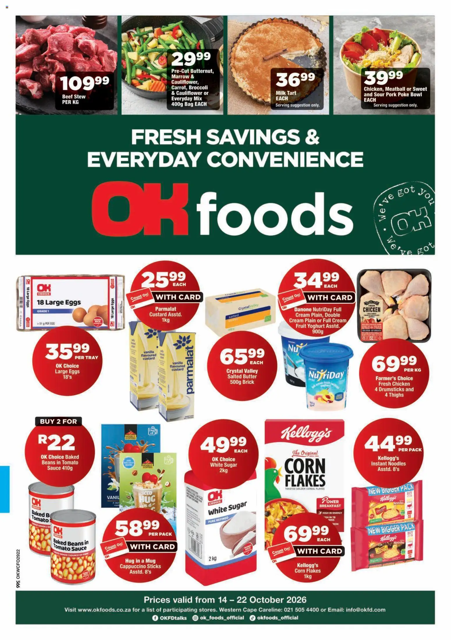 Preview of OK Foods flyer valid from 14/10/2026 - Bag, Broccoli, Sugar, Cauliflower, Yoghurt, Pork, Baked beans, Flakes