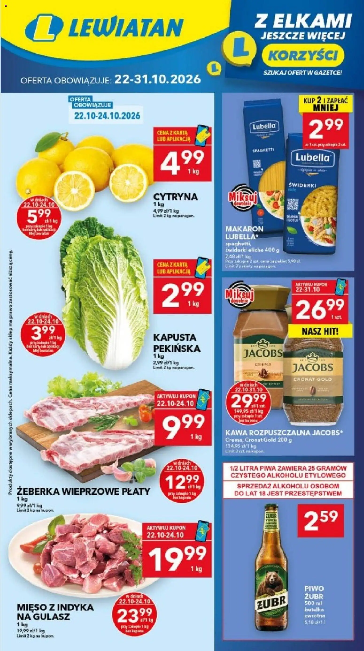 Pogląd gazetki "Lewiatan gazetka - Szczecin" ze sklepu Lewiatan ważnej od 22.10.2026 - Makaron, Gulasz, Żeberka, Cytryna, Kapusta, Kawa rozpuszczalna, Karta, Jacobs cronat gold