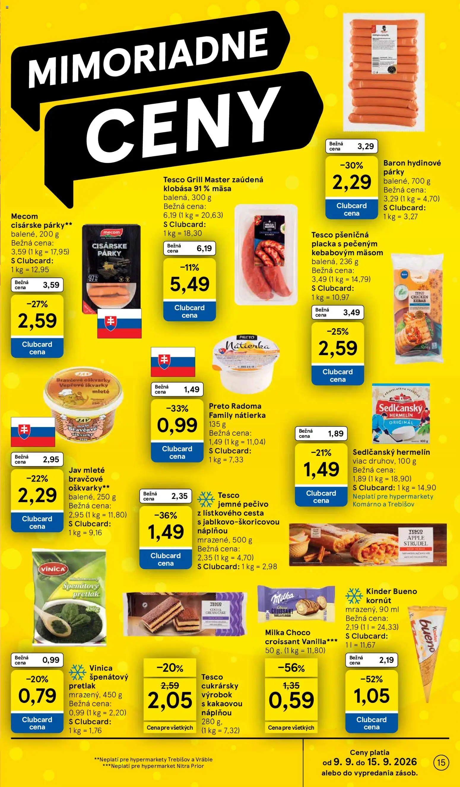 Náhľad Tesco letáku platného od 09.09.2026 - Apple, Croissant, Milka, Hermelín, Klobása, Kinder Bueno, Párky, Špenátový pretlak