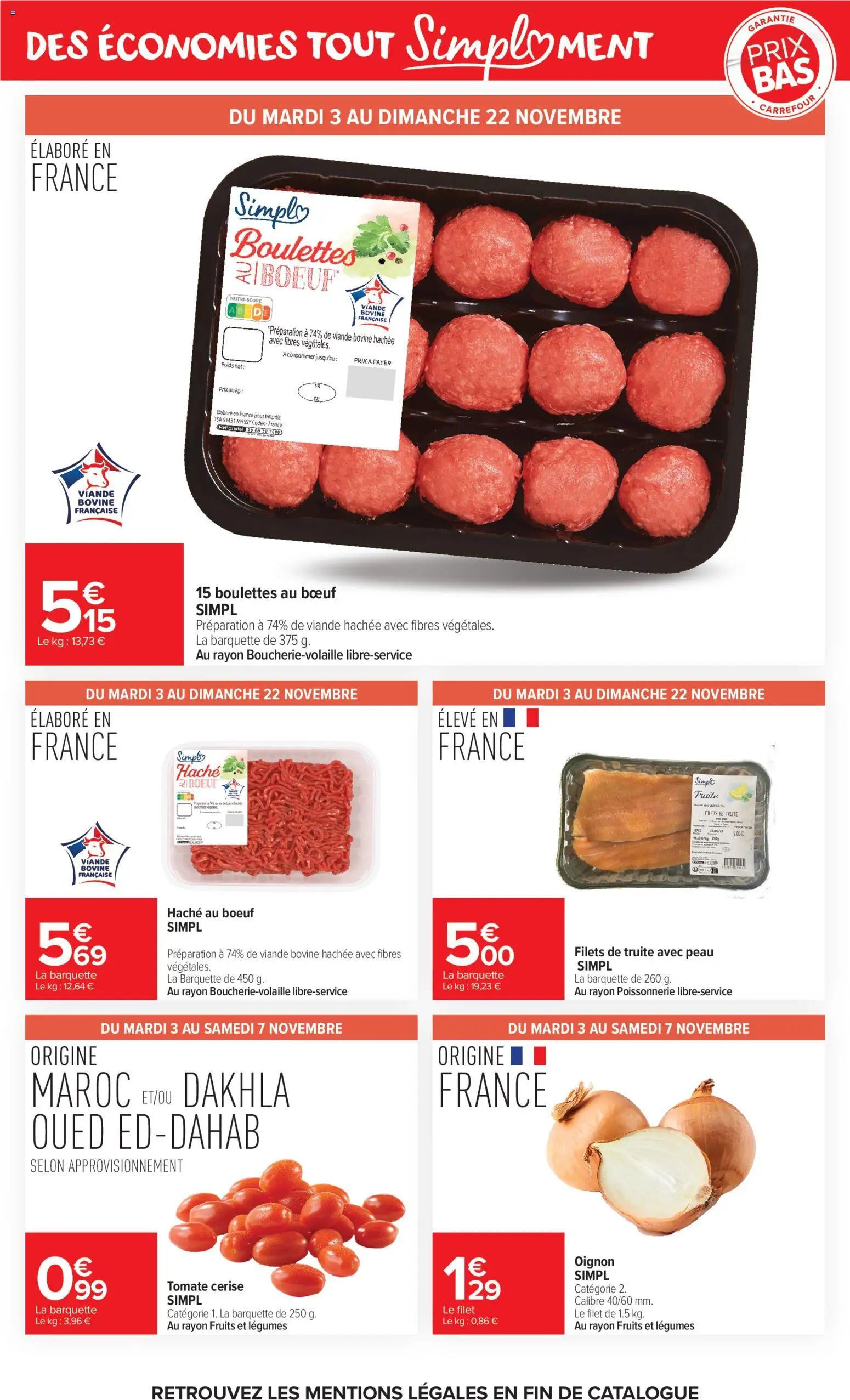 Prévisualisation de Carrefour Market Premier prix simpl du magasin Carrefour Market formulaire valide 03/11/2026 - Poissonnerie, Fruits, Tomate, Truite, Cerise, Poids, Viande hachée, Tomate cerise
