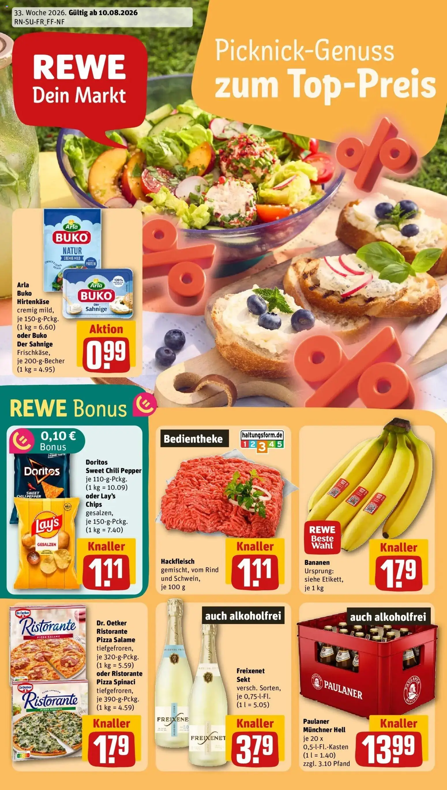 Vorschau von dem Prospekt des Geschäftes Rewe, gültig ab dem 10.08.2026 - Pizza, Chips, Bananen, Hackfleisch, Paulaner, Ristorante, Chili, Sekt