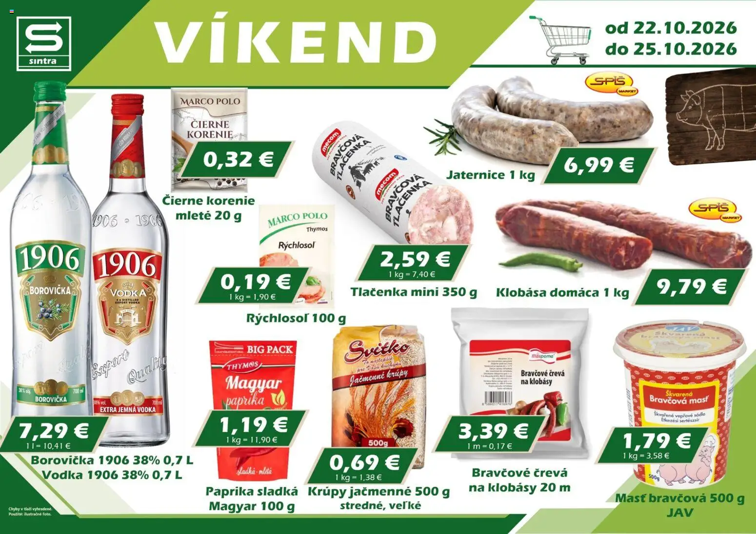 Náhľad Sintra letáku platného od 22.10.2026 - Krúpy, Vodka, Borovička, Klobása, Korenie, Tlačenka, Čierne korenie, Sadlo