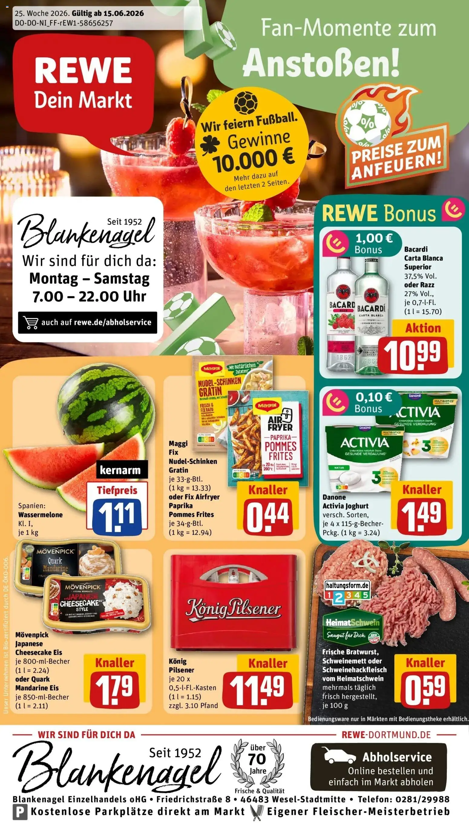 Vorschau von dem Prospekt des Geschäftes Rewe, gültig ab dem 14.06.2026 - Uhr, Pasta, Joghurt, Maggi, Bacardi, Wassermelone, Rum, Konig pilsener