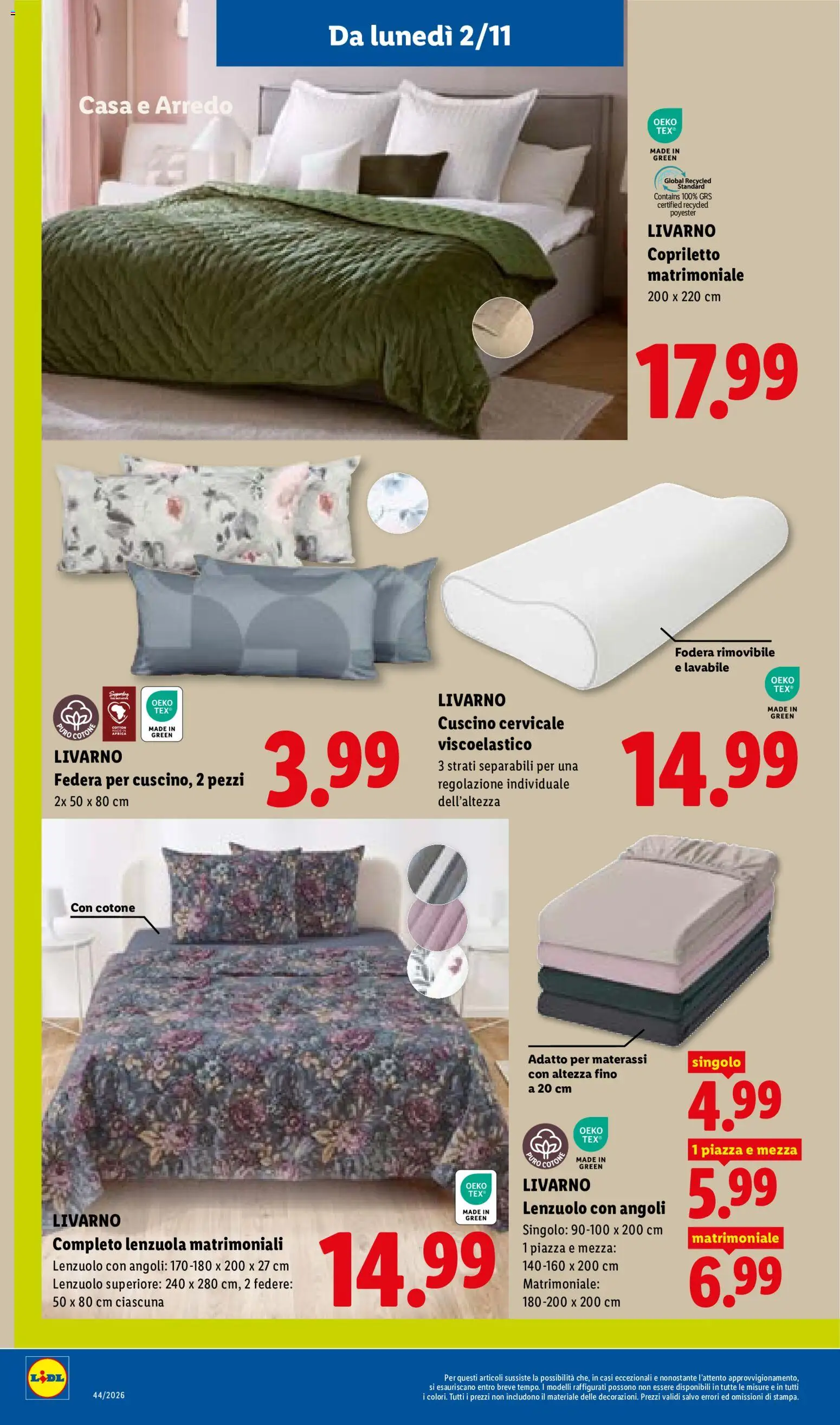 Anteprima dell'opuscolo Lidl volantino Sicilia dal negozio Lidl valido da 29/10/2026 - Cuscino, Lenzuola, Copriletto, Federa