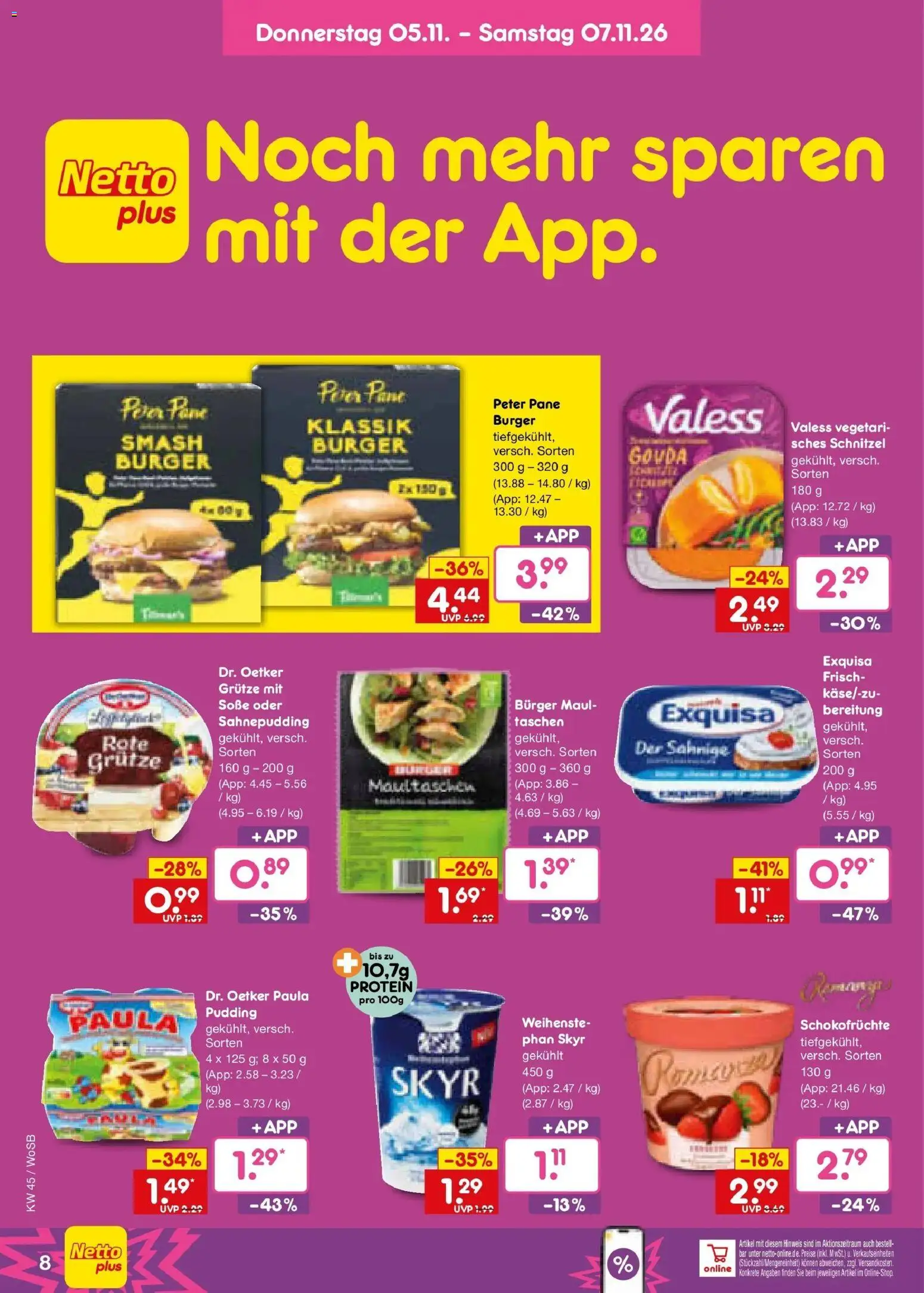 Vorschau von dem Prospekt des Geschäftes Netto Marken-Discount, gültig ab dem 02.11.2026 - Burger, Schnitzel, Skyr, Taschen, Pudding, Gouda, Soße, Pane